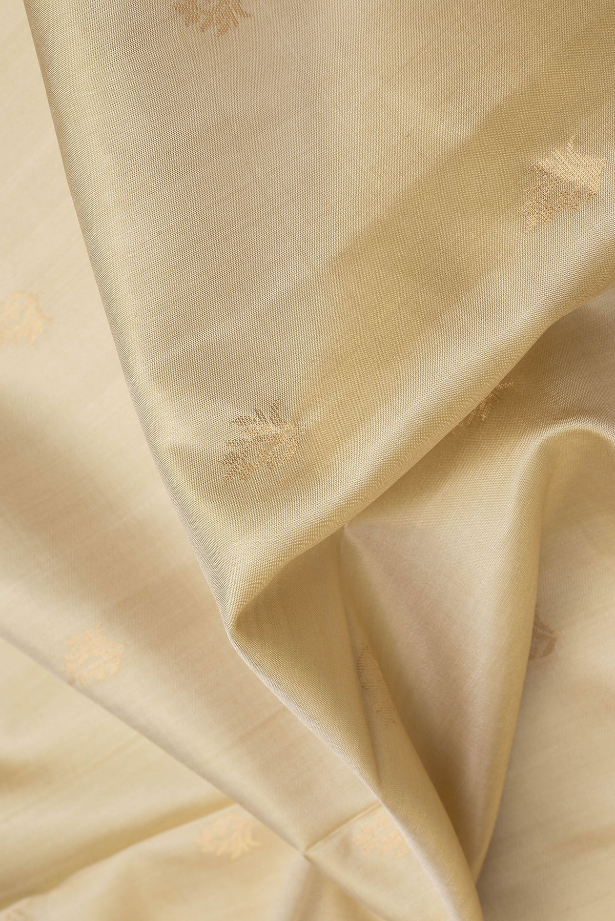 Close up of Beige Soft Silk Saree with Zari Butta on the body and Zari Border.  displaying folds