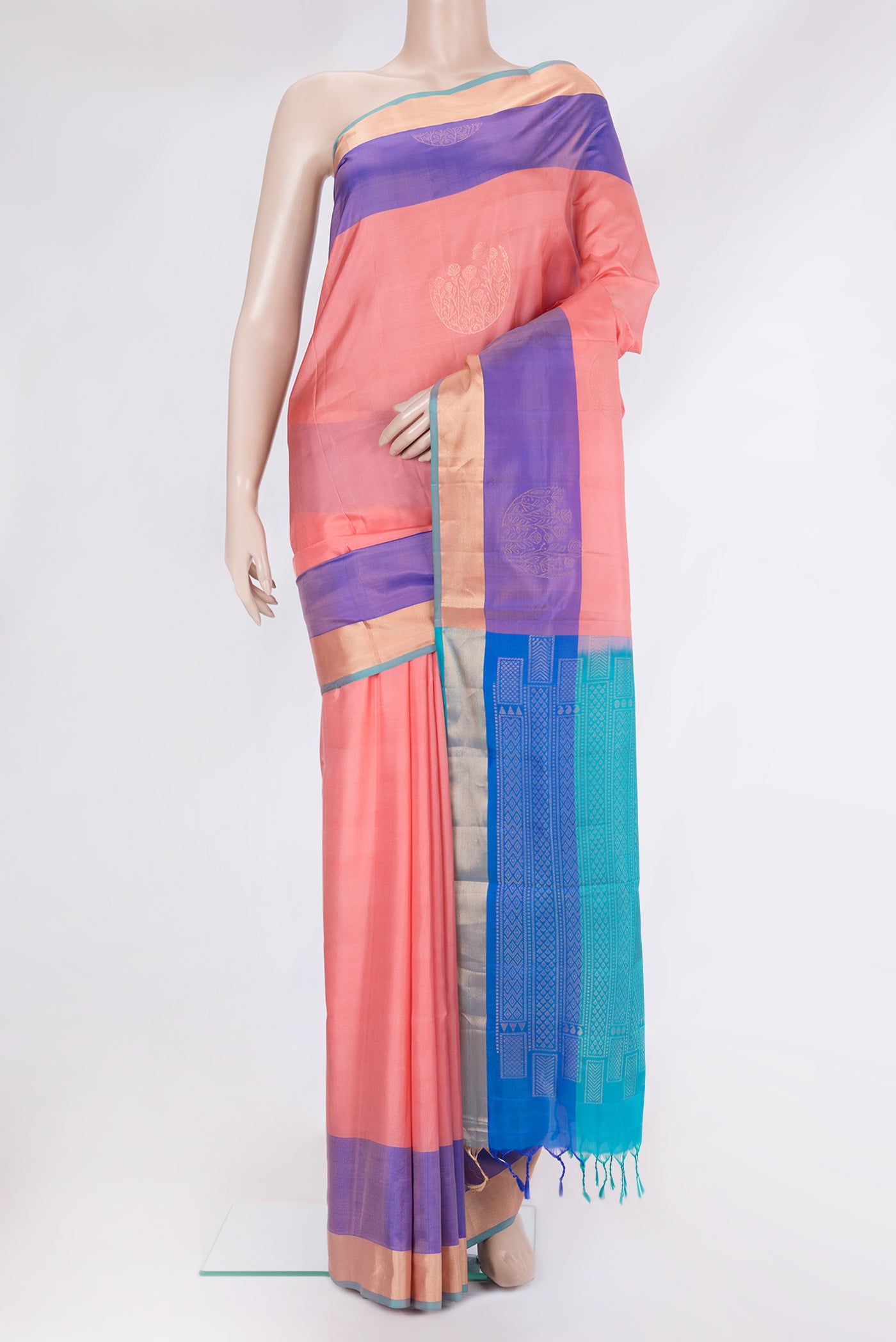 Pink Soft Silk Saree with Zari Butta on the body and Fancy Border.  displayed on a mannequin