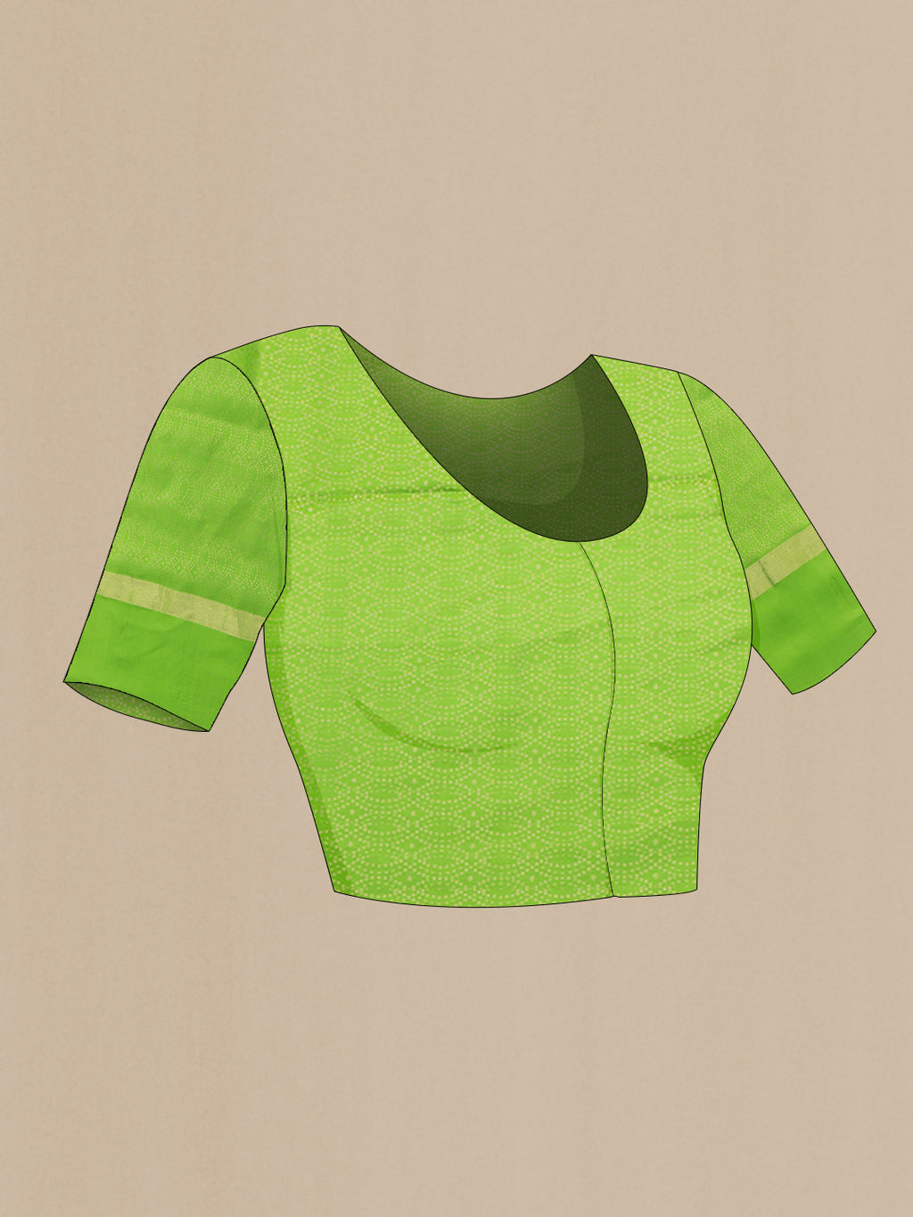Close up image of the blouse of Parrot Green Soft Silk Saree with Zari Butta on the body and Fancy Border. 