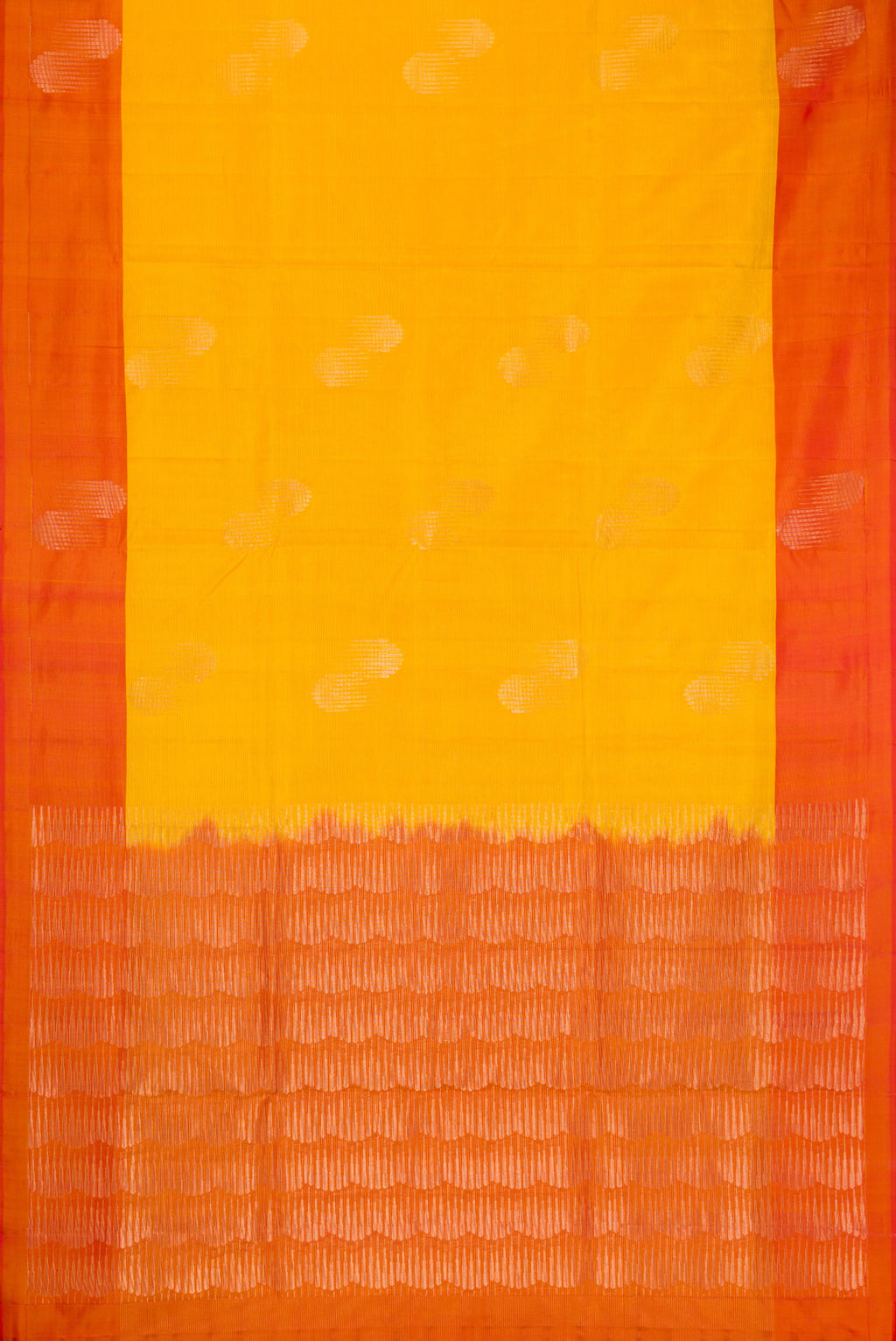 Yellow Soft Silk Saree with Stripes on the body and Zari Border.  displayed on a mannequin