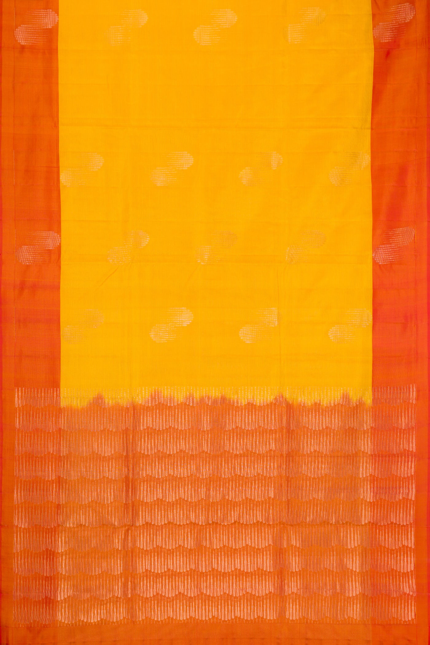 Yellow Soft Silk Saree with Stripes on the body and Zari Border.  displayed on a mannequin