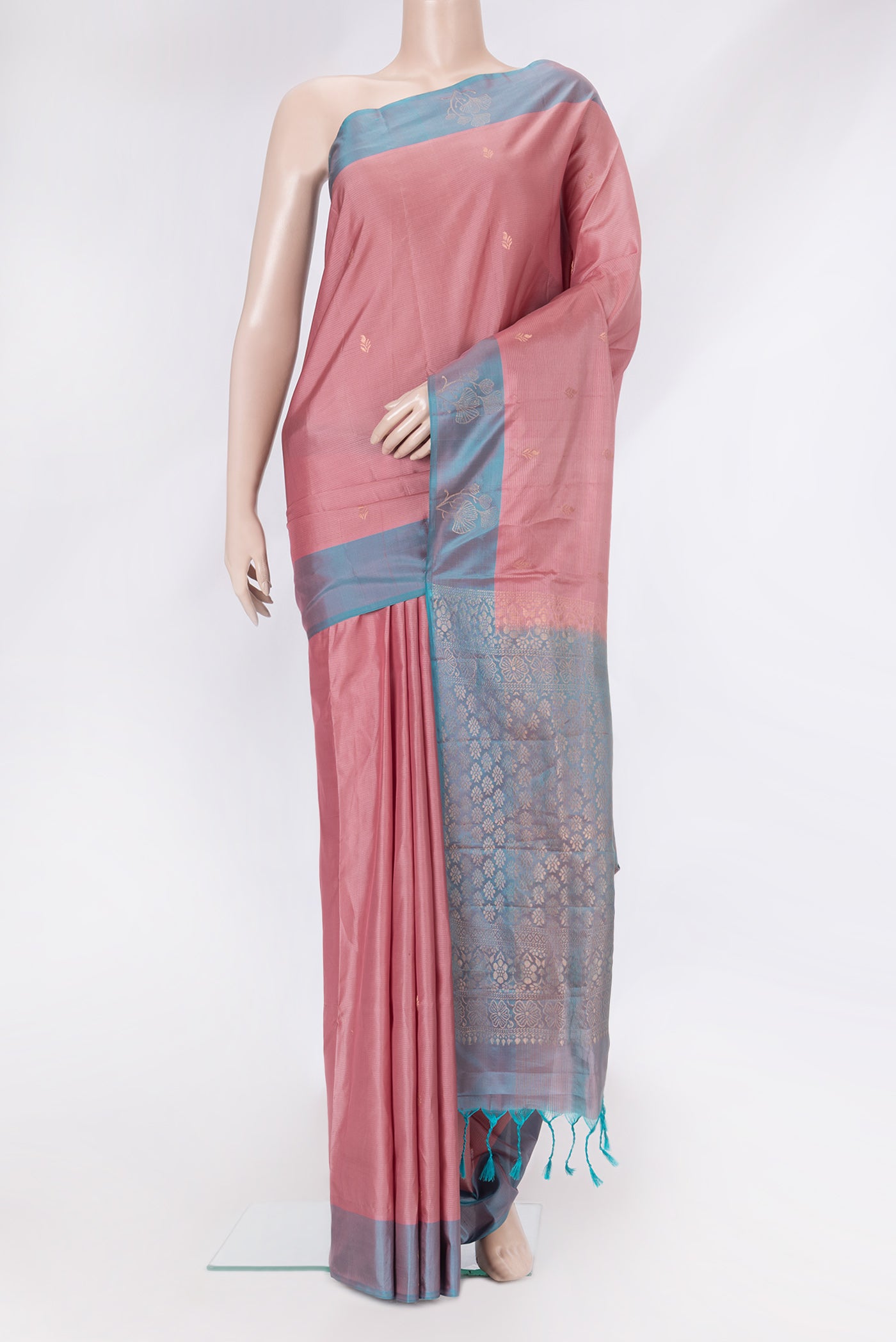 Pink Dual Tone Soft Silk Saree with Stripes on the body and Fancy Border.  displayed on a mannequin