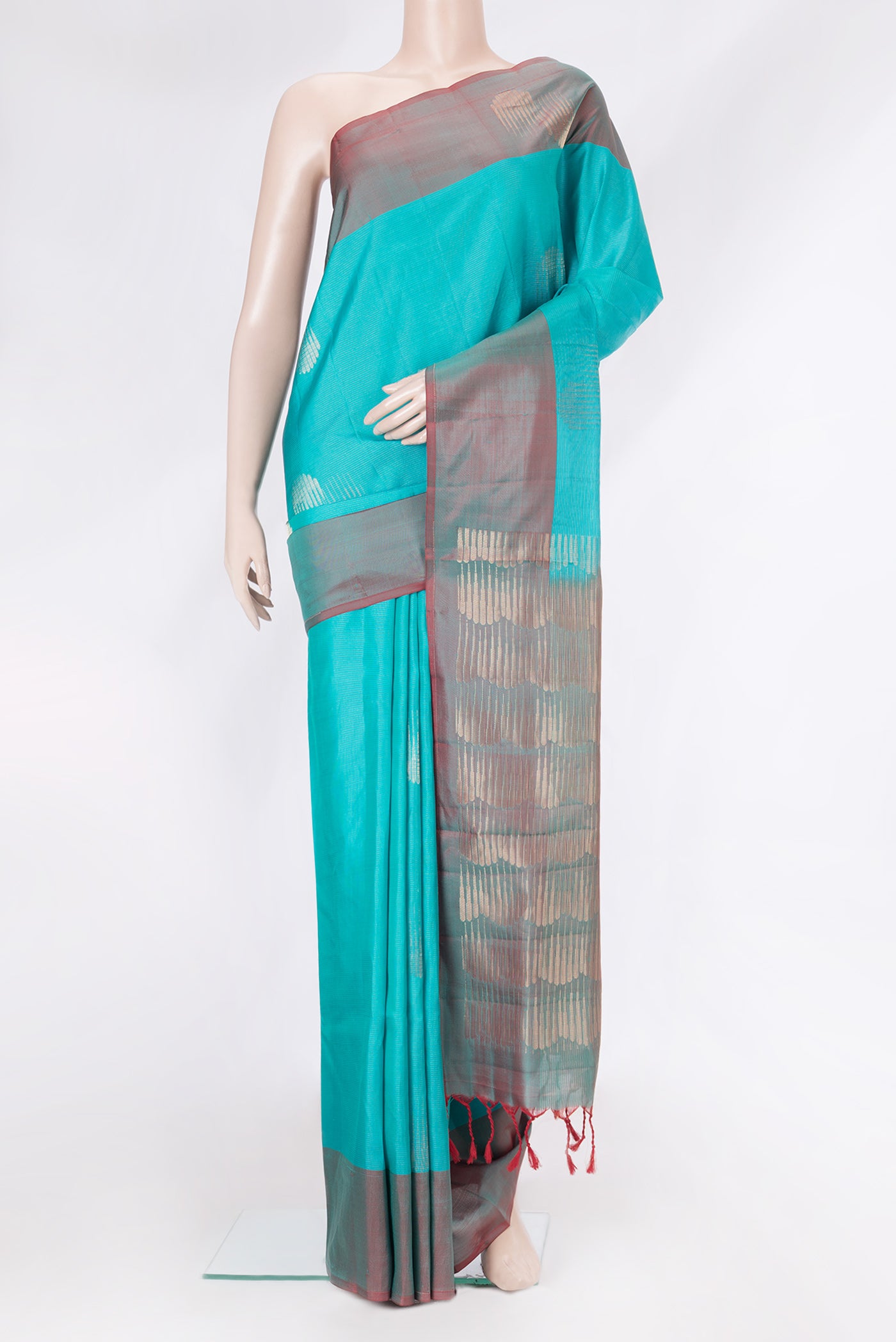 Sky Blue Dual Tone Soft Silk Saree with Stripes on the body and Fancy Border.  displayed on a mannequin
