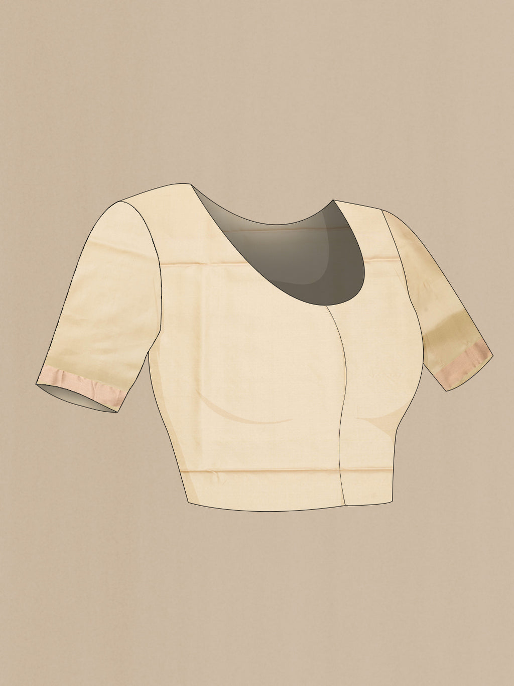Close up image of the blouse of Beige Dual Tone Soft Silk Saree with Zari Butta on the body and Fancy Border. 