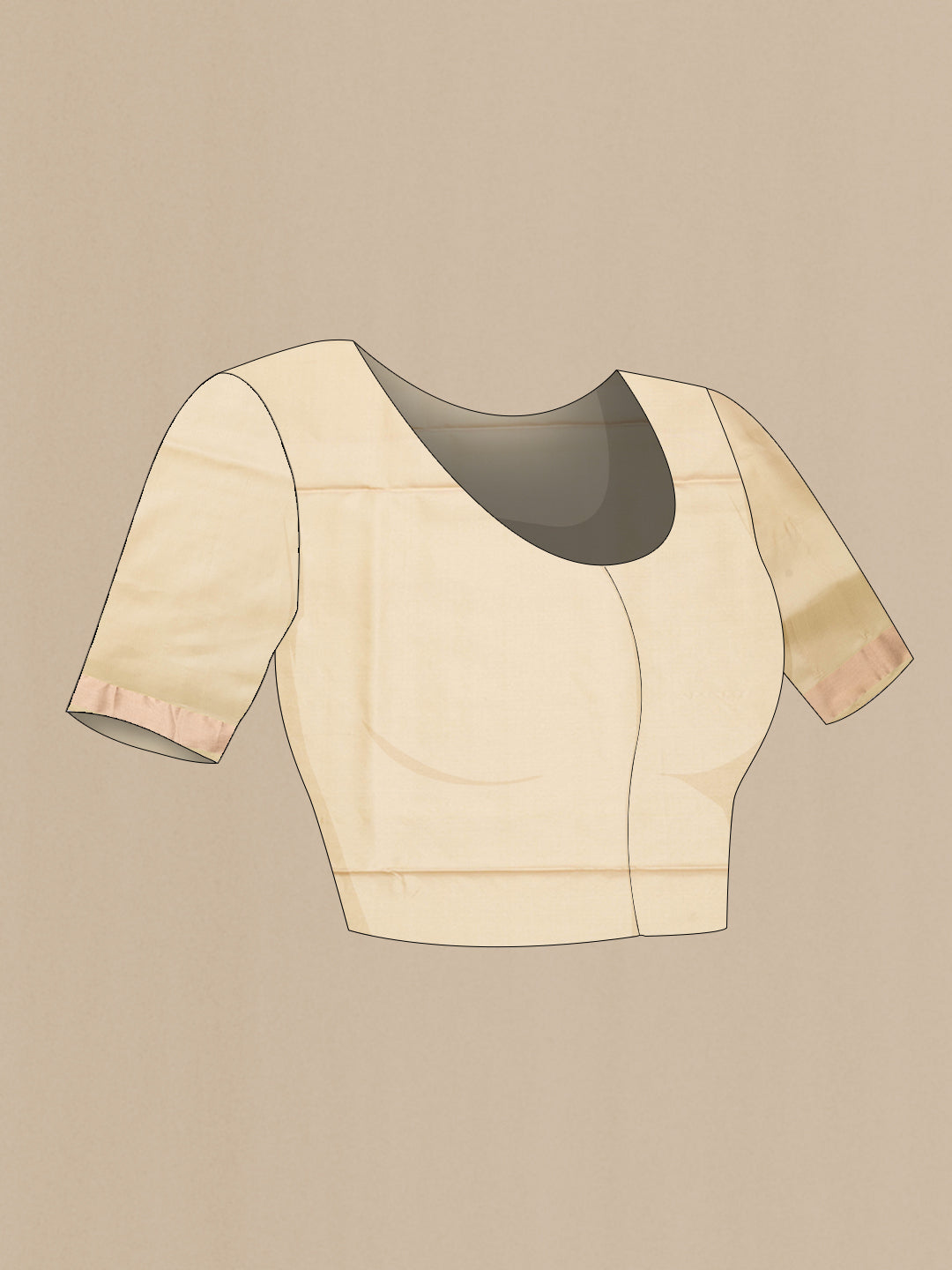 Close up image of the blouse of Beige Dual Tone Soft Silk Saree with Zari Butta on the body and Fancy Border. 
