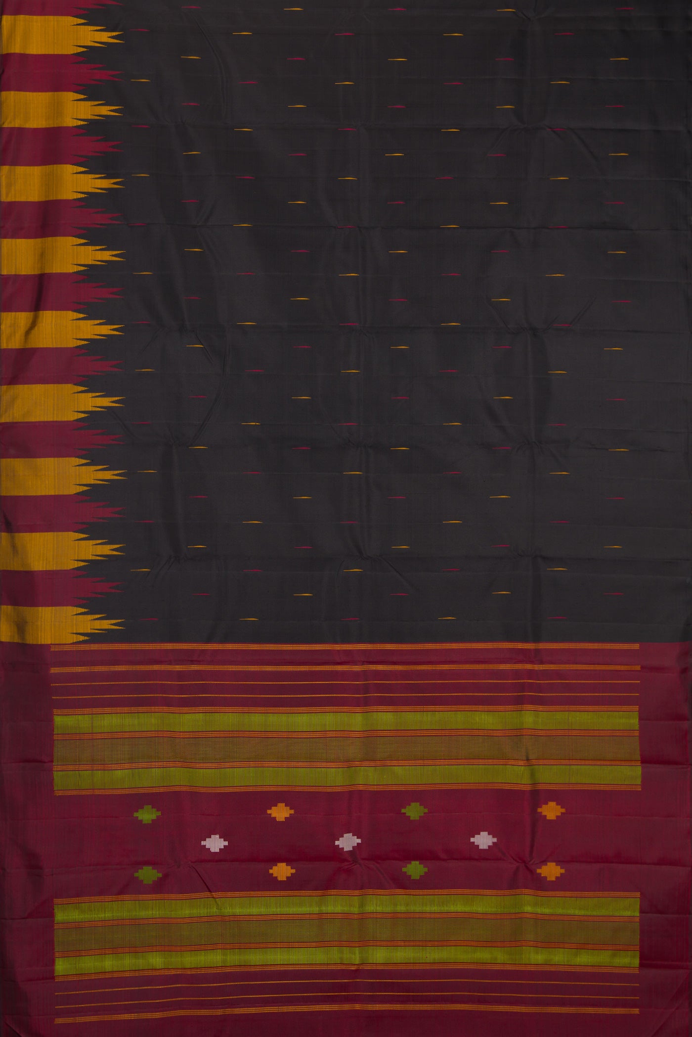 Flat view of Black Kanchipuram Silk Saree with Thread Butta on the body and Temple Border. 