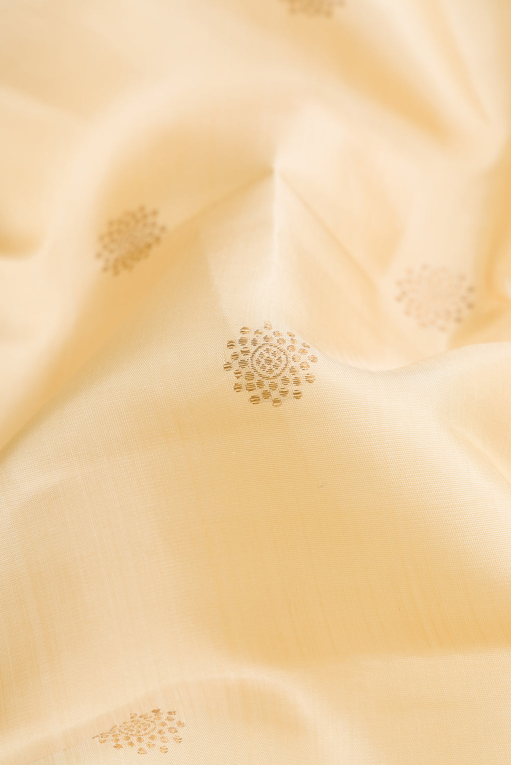 Close up of Beige Dual Tone Kanchipuram Silk Saree with Zari Butta on the body and Zari Border.  displaying folds