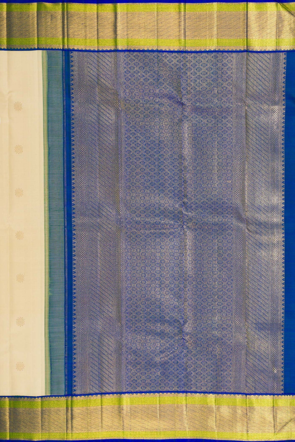 Close up image of the pallu of Beige Dual Tone Kanchipuram Silk Saree with Zari Butta on the body and Zari Border. 