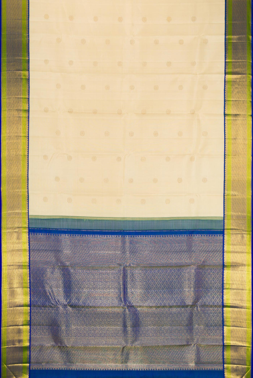 Flat view of Beige Dual Tone Kanchipuram Silk Saree with Zari Butta on the body and Zari Border. 
