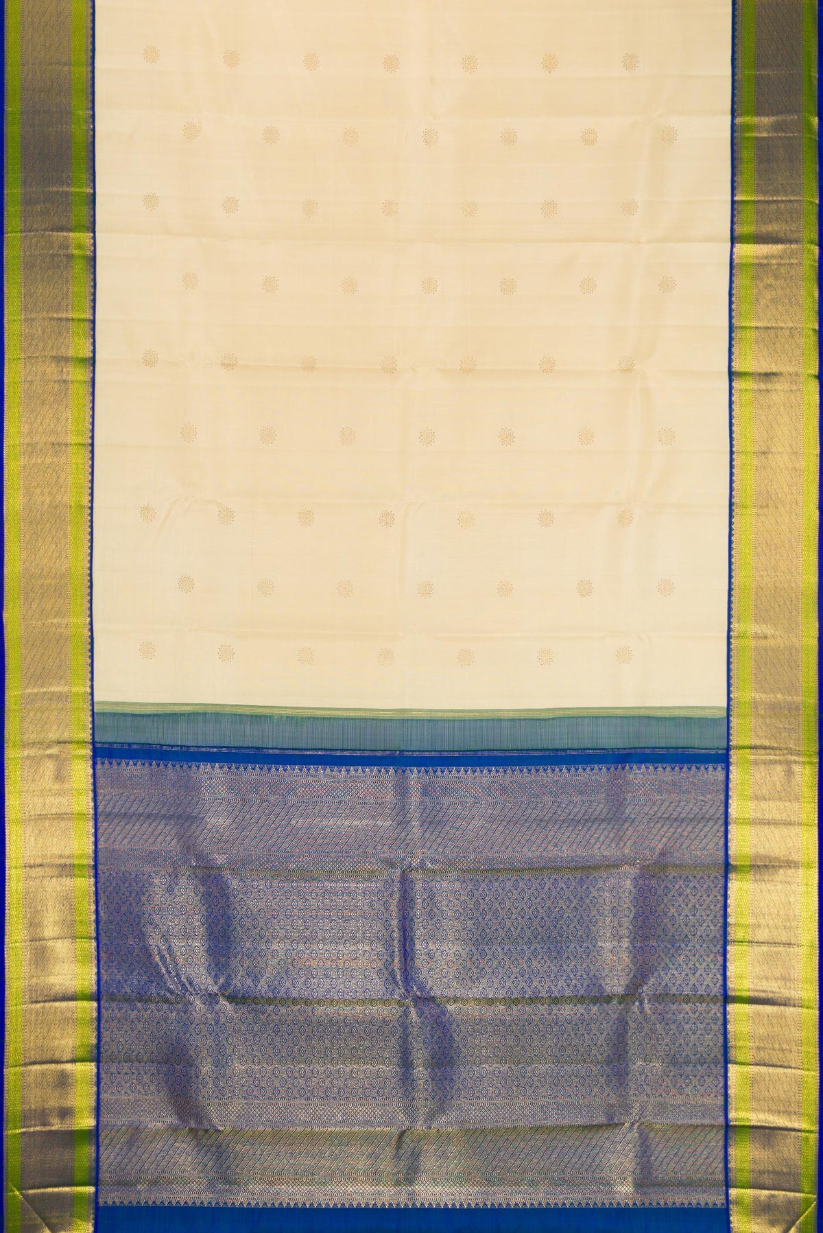 Flat view of Beige Dual Tone Kanchipuram Silk Saree with Zari Butta on the body and Zari Border. 