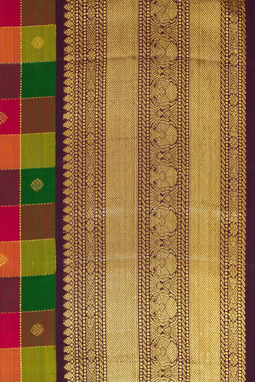 Border image of Yellow , Green and Red Color Kanchipuram Silk Saree with Checked design on the body and Zari Border. 