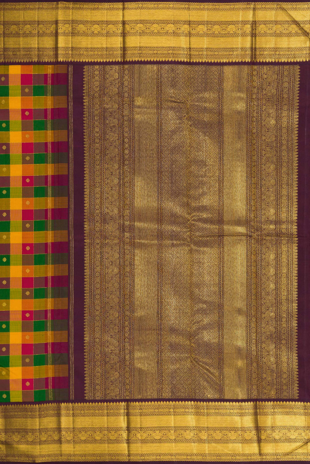 Close up image of the pallu of Yellow , Green and Red Color Kanchipuram Silk Saree with Checked design on the body and Zari Border. 