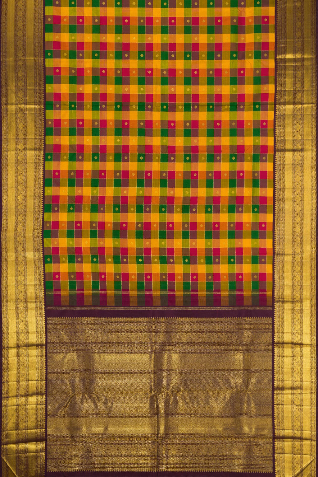 Flat view of Yellow , Green and Red Color Kanchipuram Silk Saree with Checked design on the body and Zari Border. 