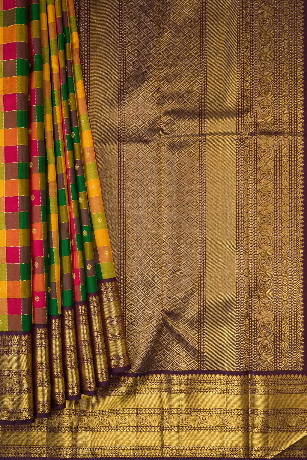 Pleats and pallu of Yellow , Green and Red Color Kanchipuram Silk Saree with Checked design on the body and Zari Border. 