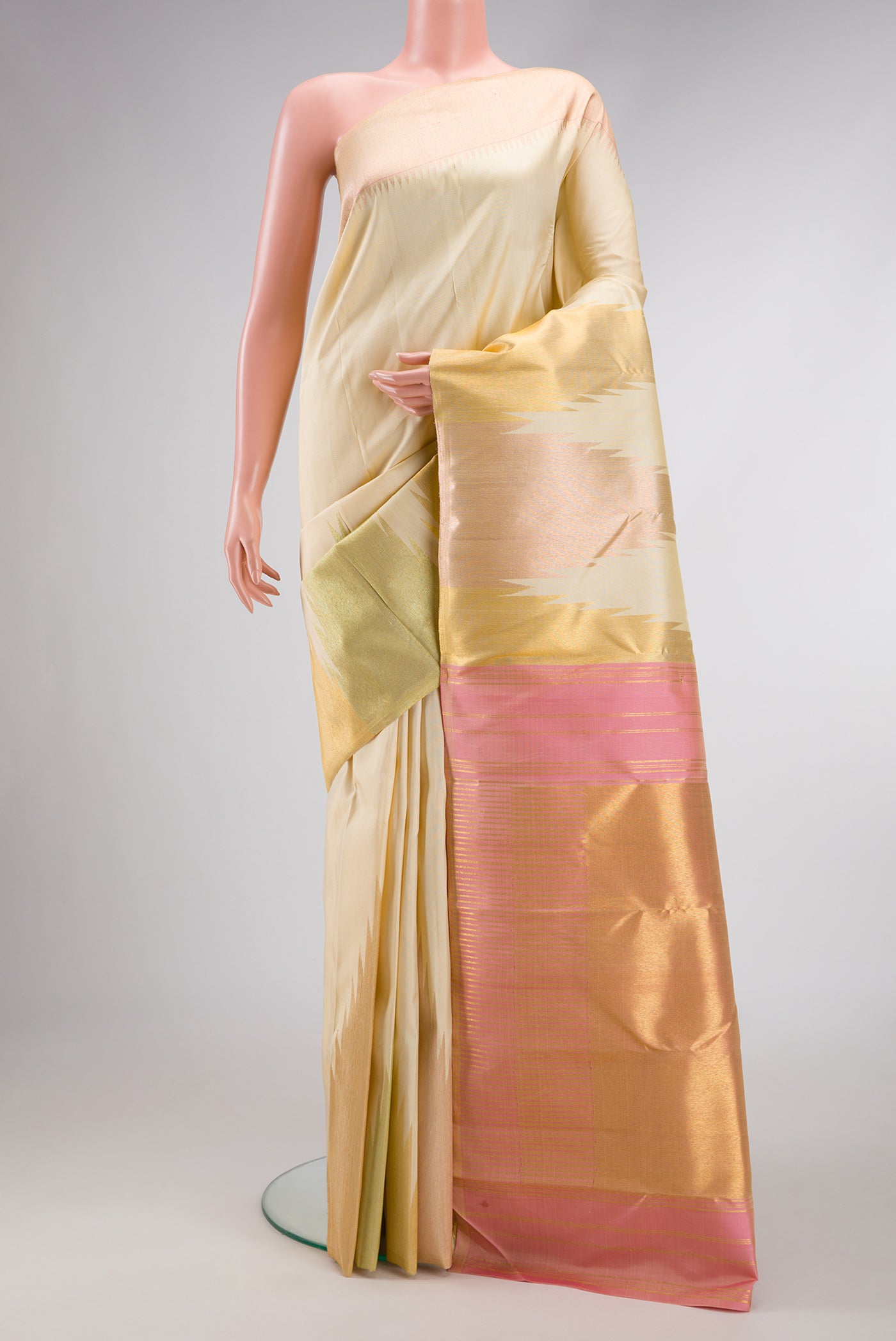 Sandal Dual Tone Kanjivaram Silk Saree with Plain Body and Temple Border.  displayed on a mannequin