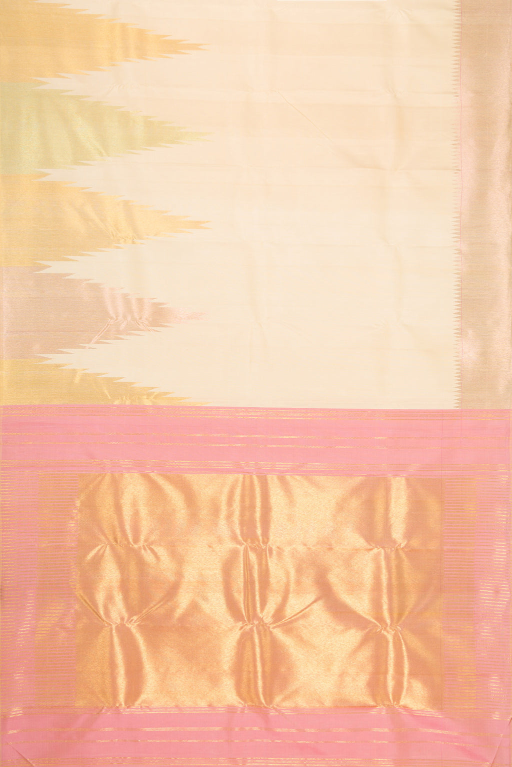 Flat view of Sandal Dual Tone Kanjivaram Silk Saree with Plain Body and Temple Border. 
