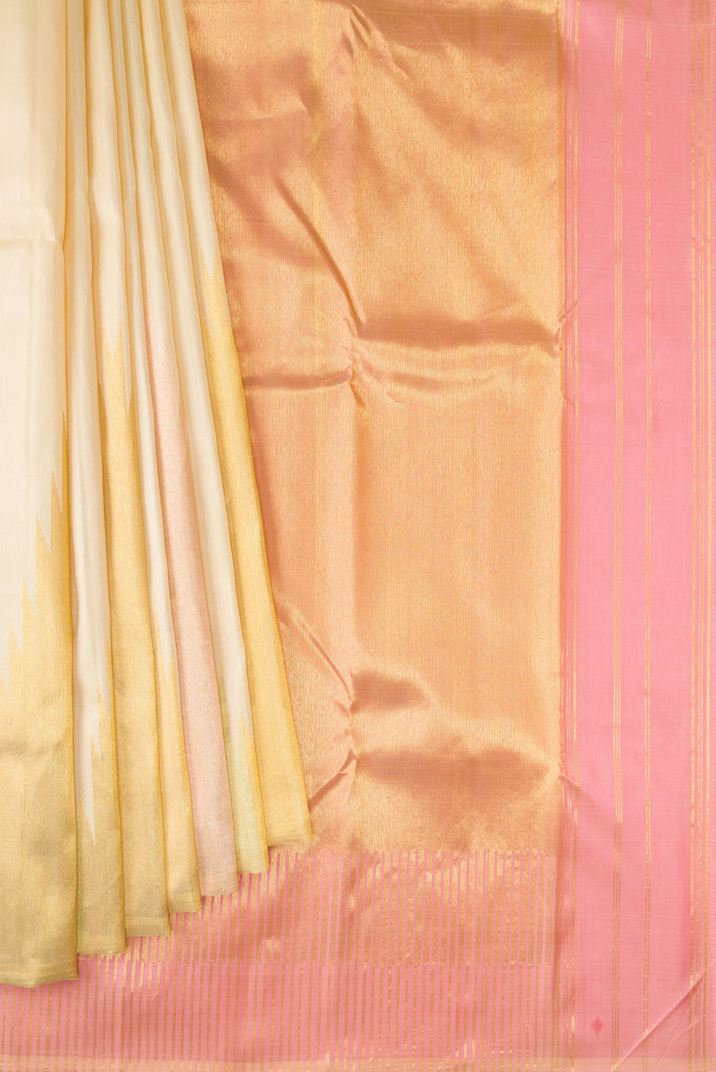 Pleats and pallu of Sandal Dual Tone Kanjivaram Silk Saree with Plain Body and Temple Border. 
