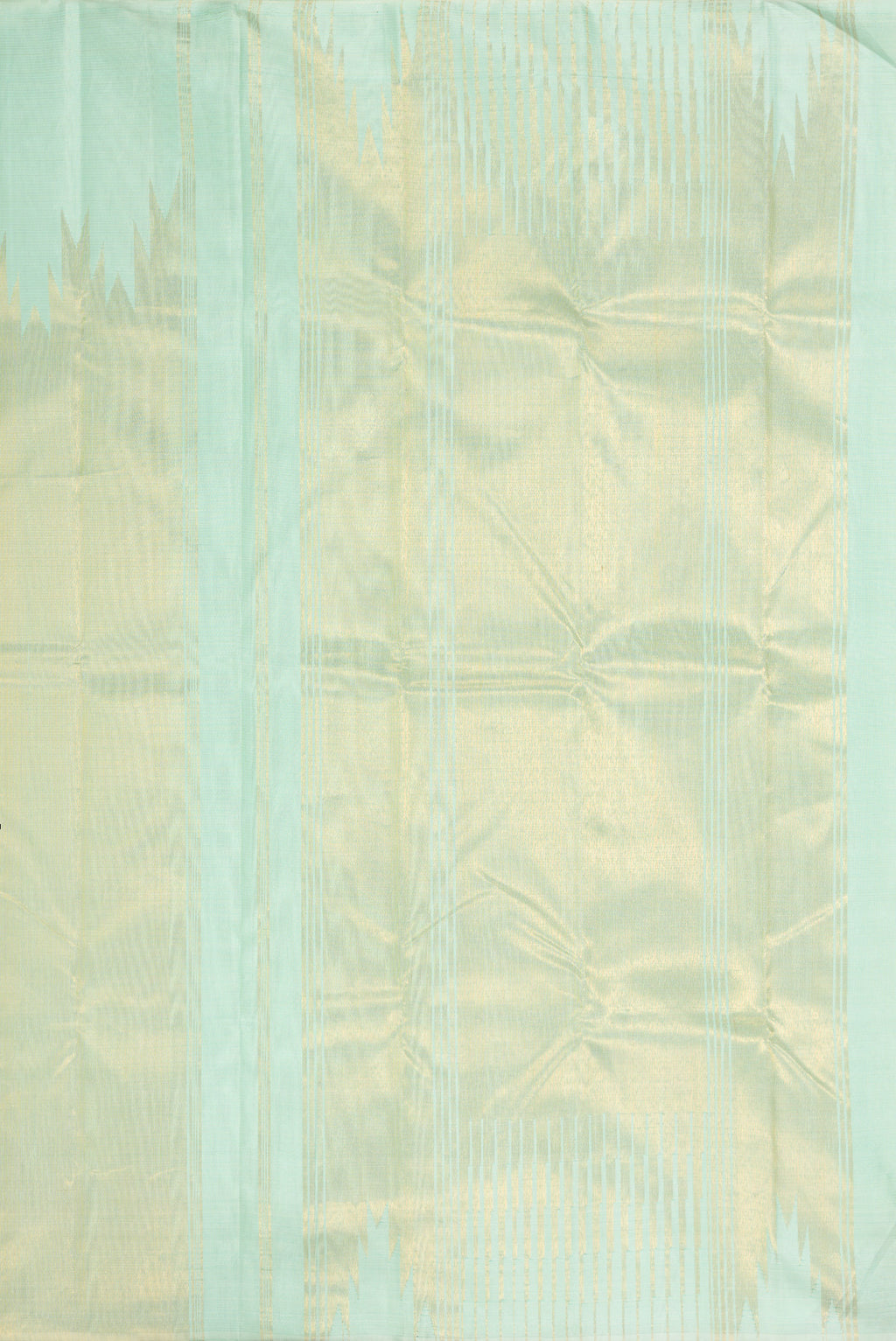 Close up image of the pallu of Light Blue Dual Tone Kanjivaram Silk Saree with Stripes on the body and Rising Temple Border. 