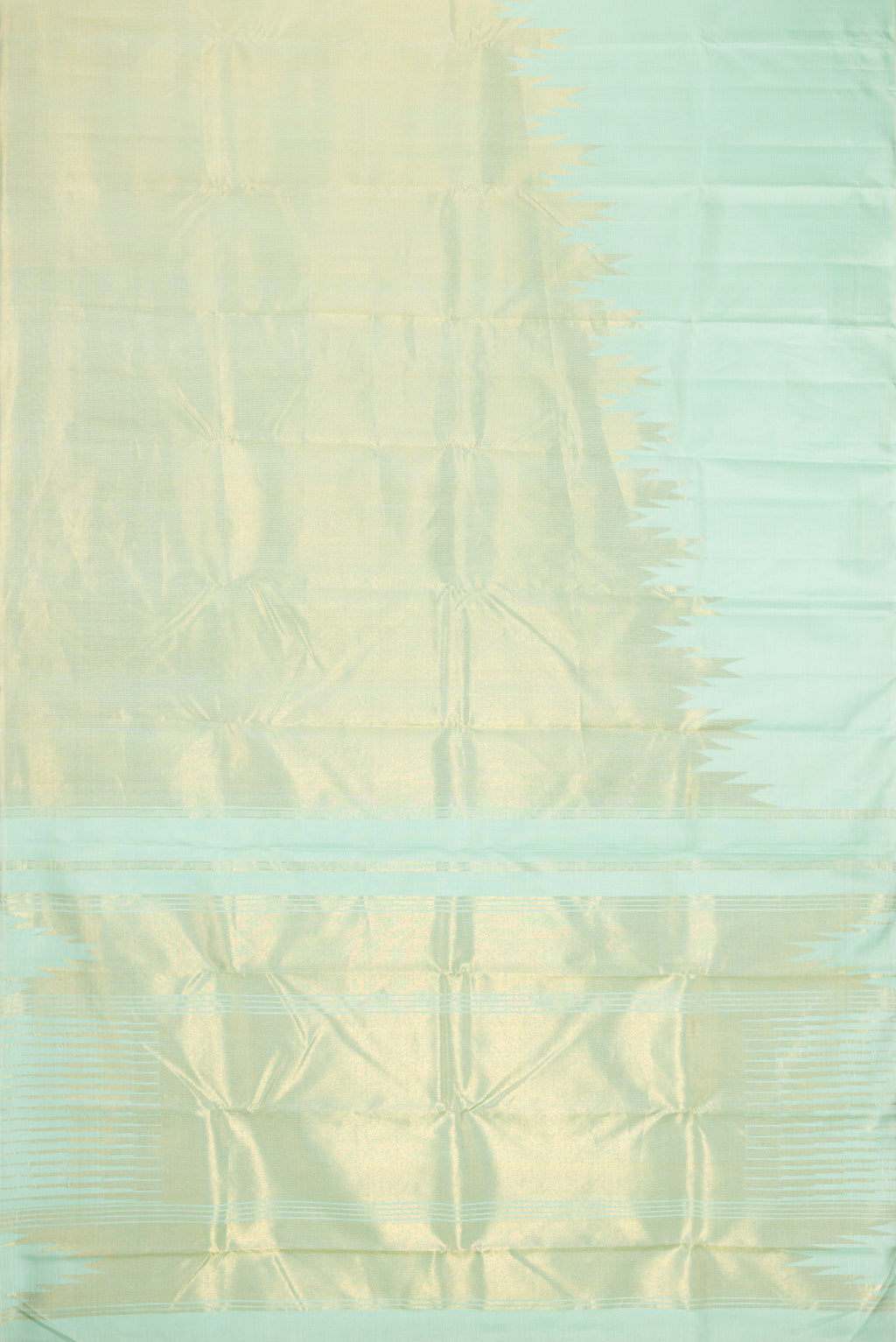 Flat view of Light Blue Dual Tone Kanjivaram Silk Saree with Stripes on the body and Rising Temple Border. 