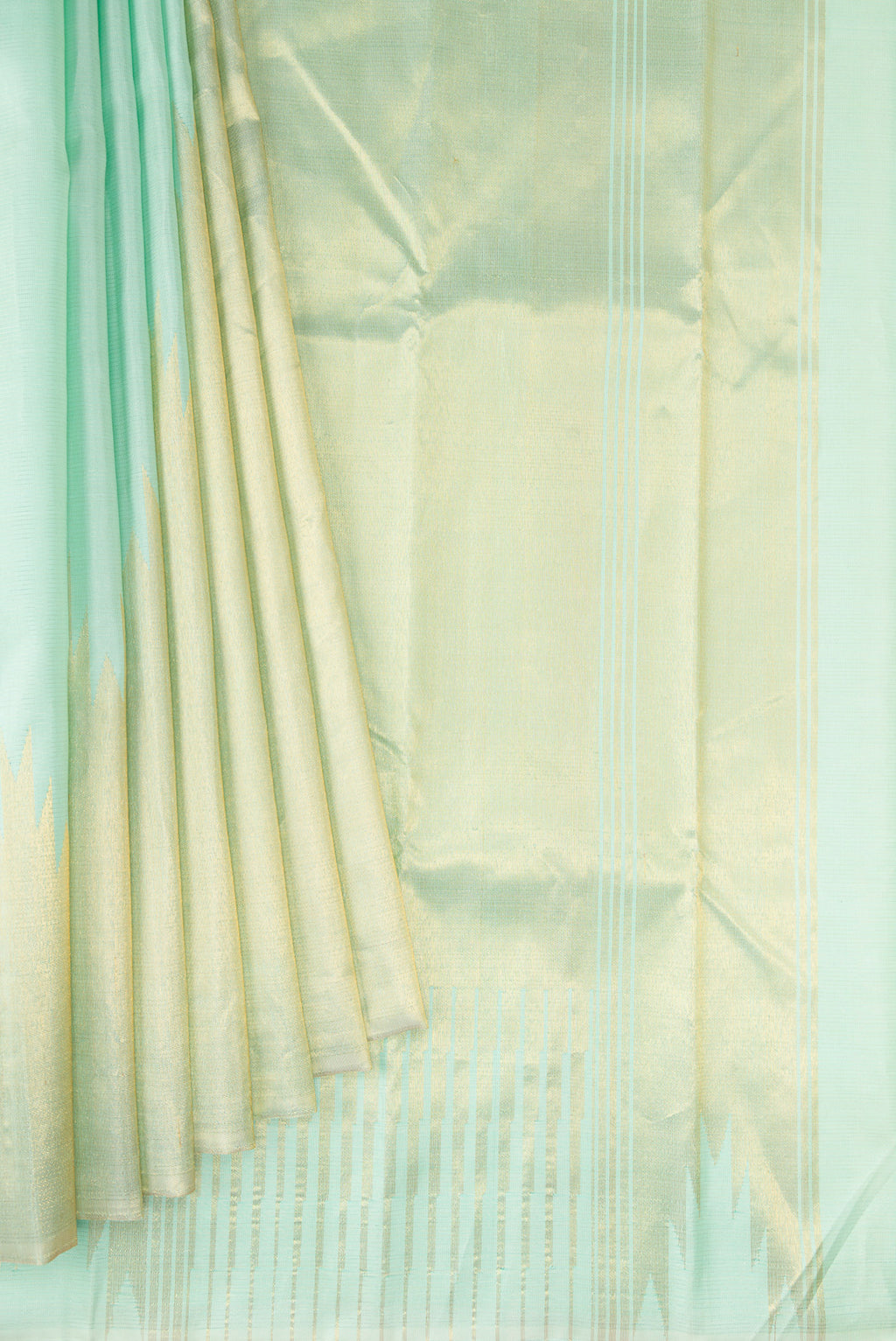 Pleats and pallu of Light Blue Dual Tone Kanjivaram Silk Saree with Stripes on the body and Rising Temple Border. 