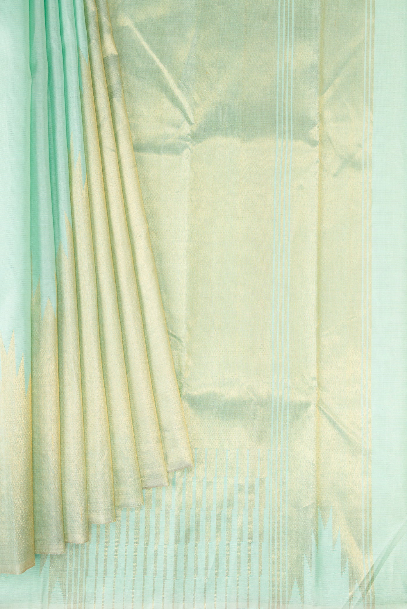Pleats and pallu of Light Blue Dual Tone Kanjivaram Silk Saree with Stripes on the body and Rising Temple Border. 