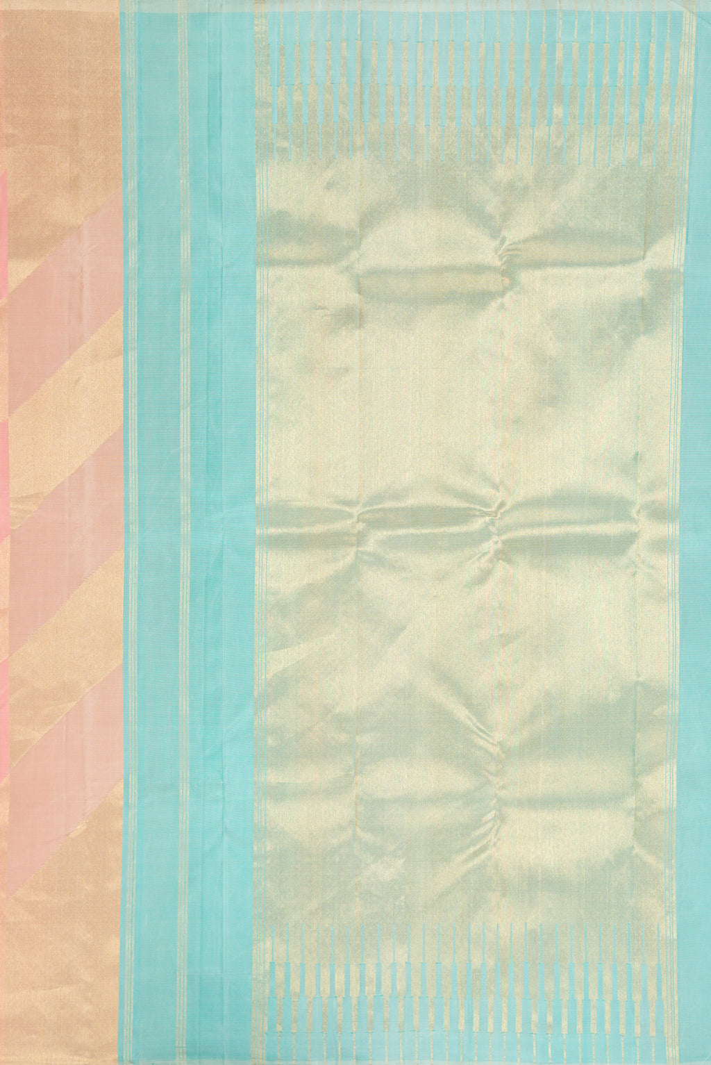 Close up image of the pallu of Peach Dual Tone Kanchipuram Silk Saree with Zari Brocade on the body and Fancy Border. 