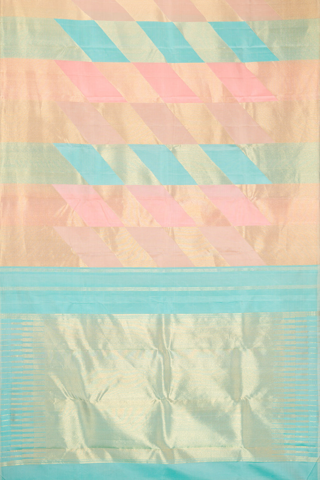Flat view of Peach Dual Tone Kanchipuram Silk Saree with Zari Brocade on the body and Fancy Border. 