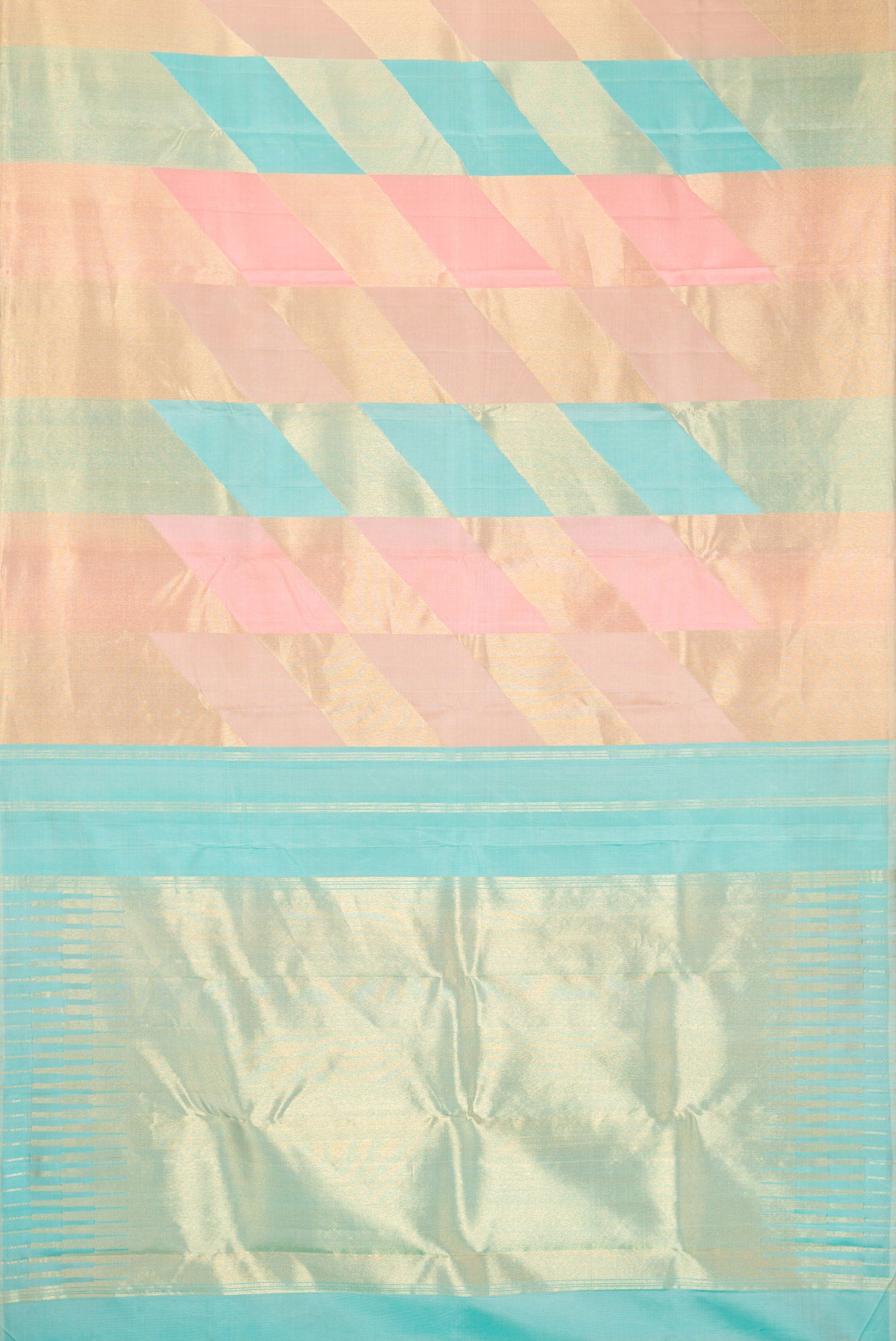 Flat view of Peach Dual Tone Kanchipuram Silk Saree with Zari Brocade on the body and Fancy Border. 