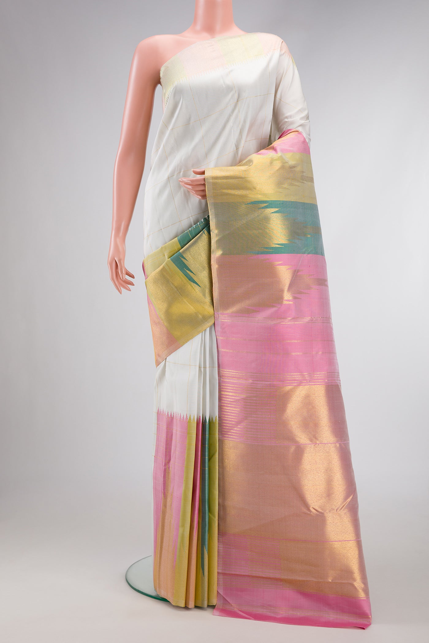White Dual Tone Kanchipuram Silk Saree with Checked design on the body and Fancy Border.  displayed on a mannequin