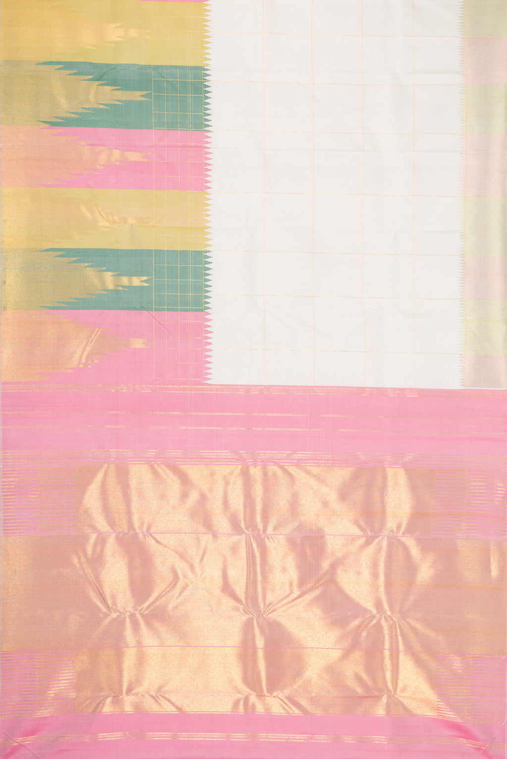 Flat view of White Dual Tone Kanchipuram Silk Saree with Checked design on the body and Fancy Border. 
