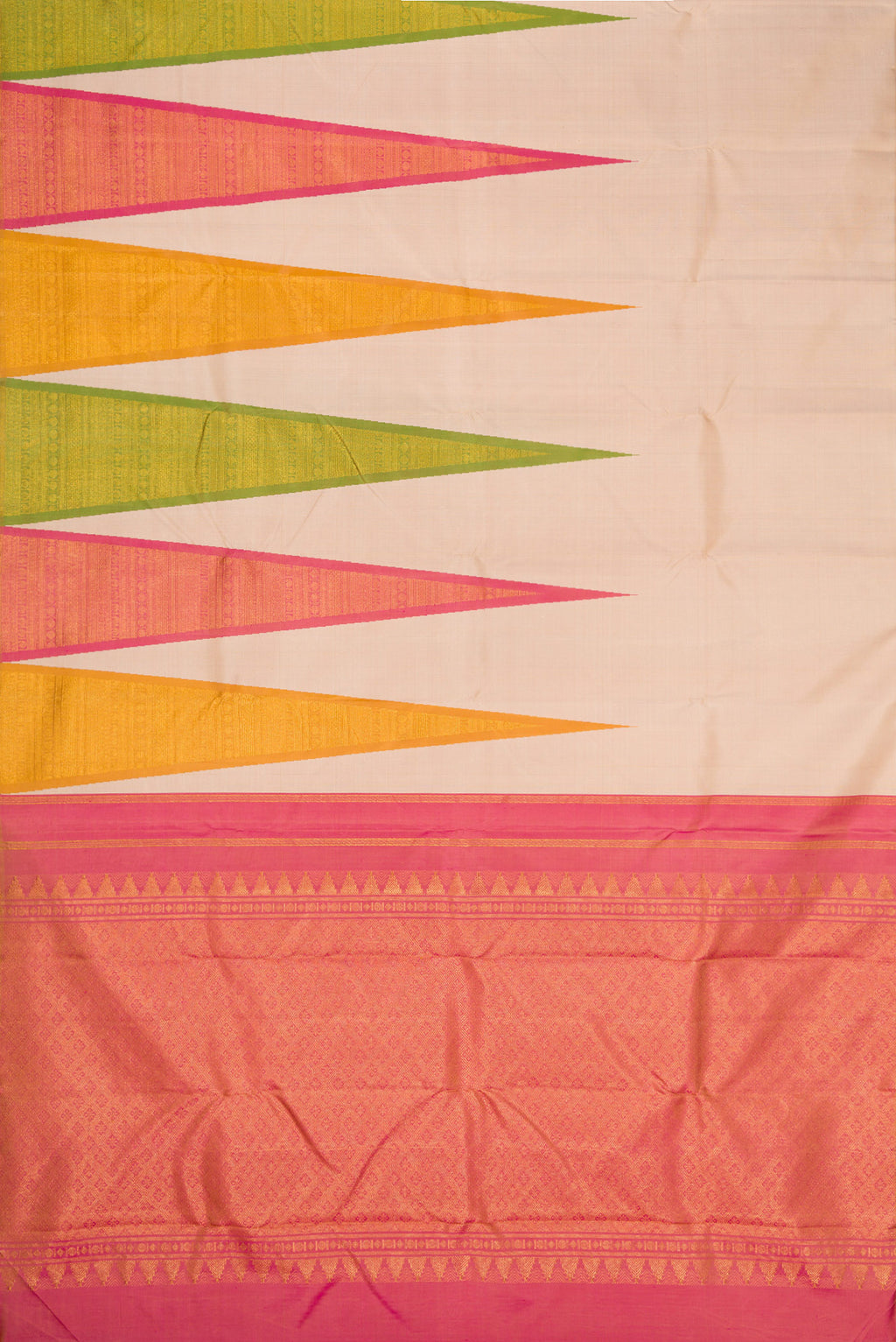 Flat view of Pure Silk Pure Zari Beige Dual Tone Kanchipuram Saree with Plain Body and One Side Border. 