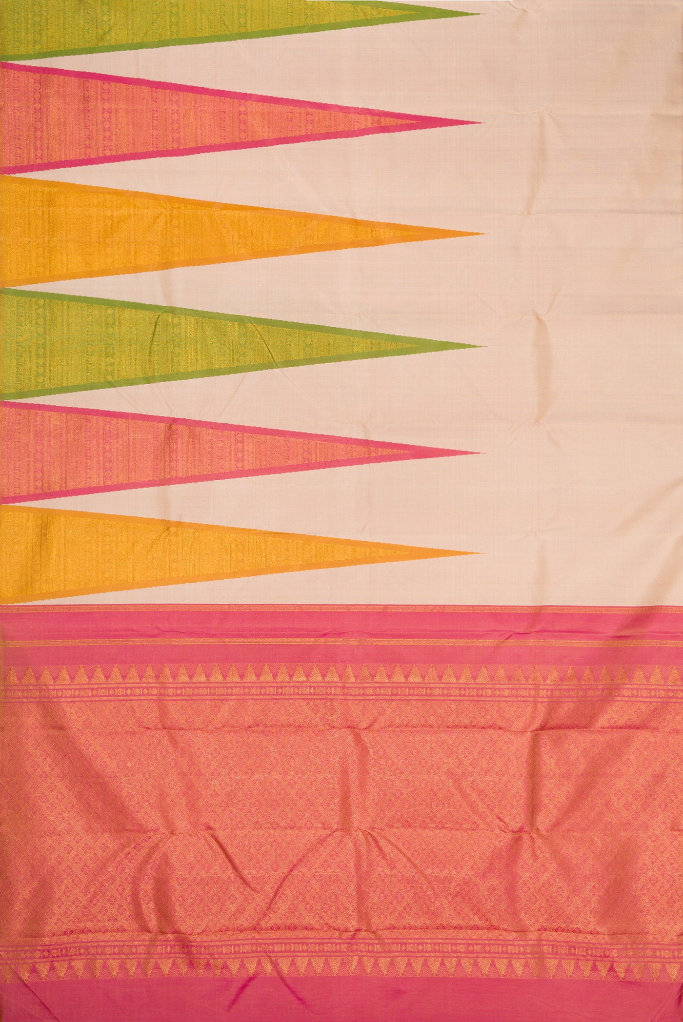 Flat view of Pure Silk Pure Zari Beige Dual Tone Kanchipuram Saree with Plain Body and One Side Border. 
