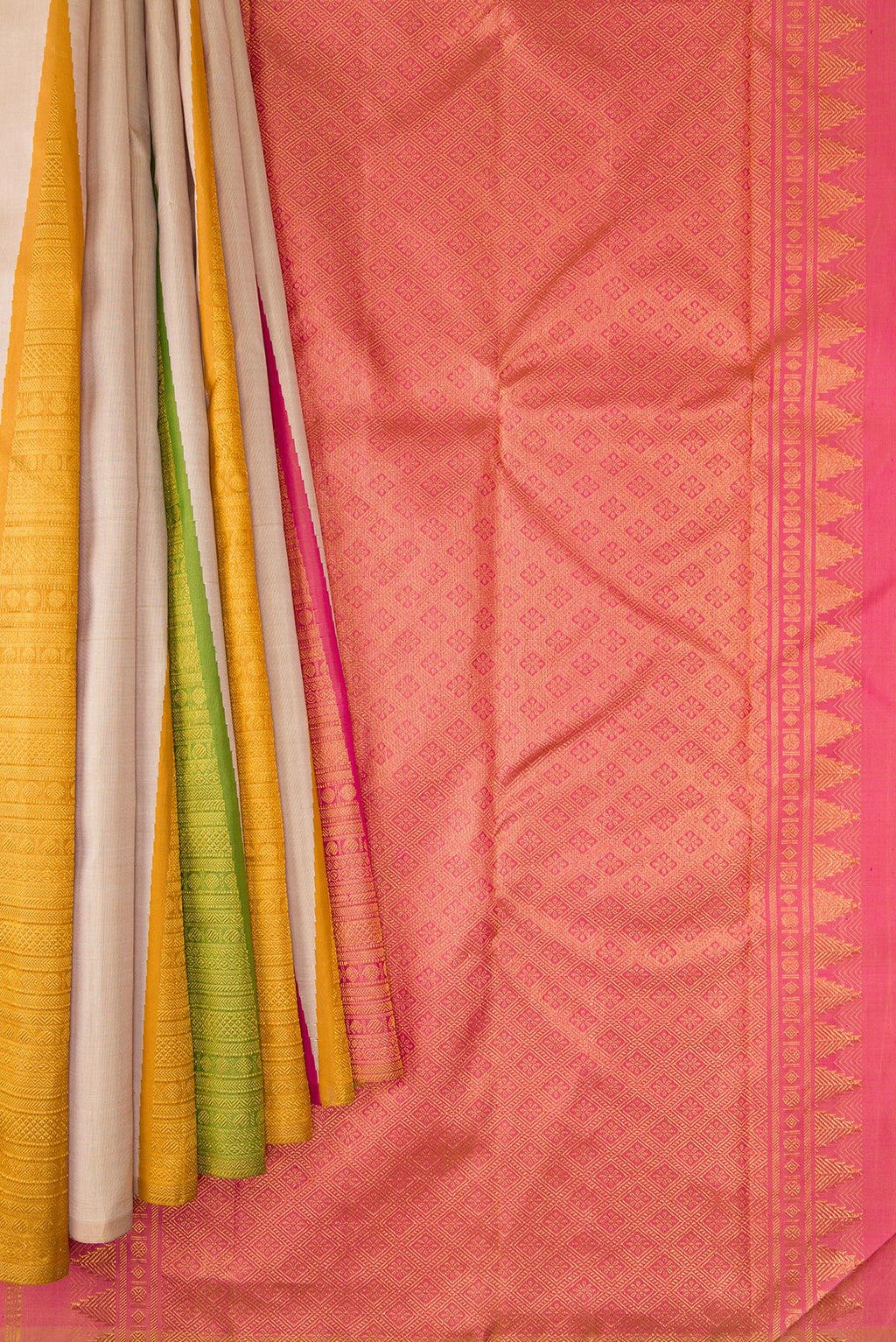 Pleats and pallu of Pure Silk Pure Zari Beige Dual Tone Kanchipuram Saree with Plain Body and One Side Border. 