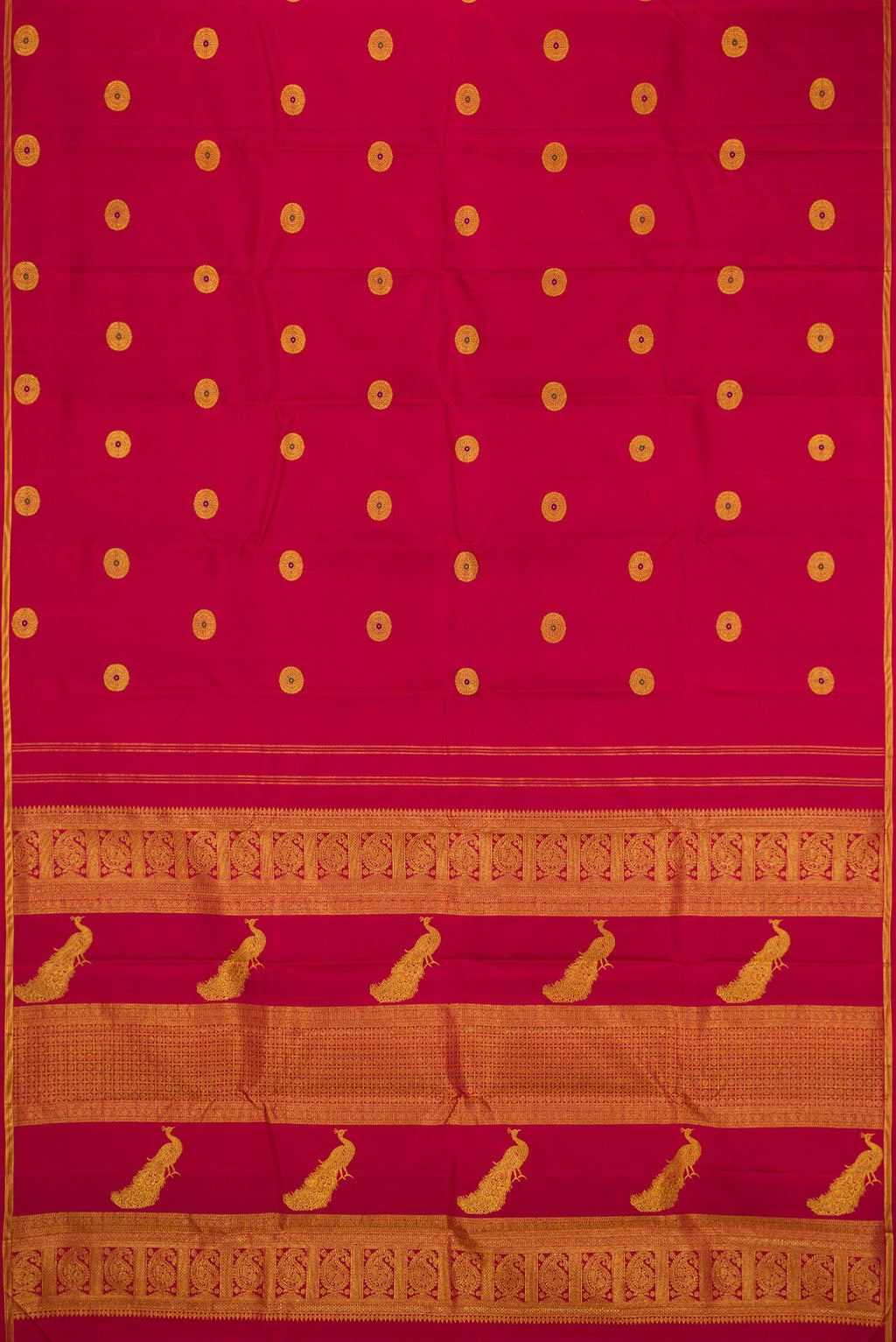 Flat view of Maroon Kanchipuram Silk Saree with Zari And Thread Butta on the body and Thin Zari Line. 