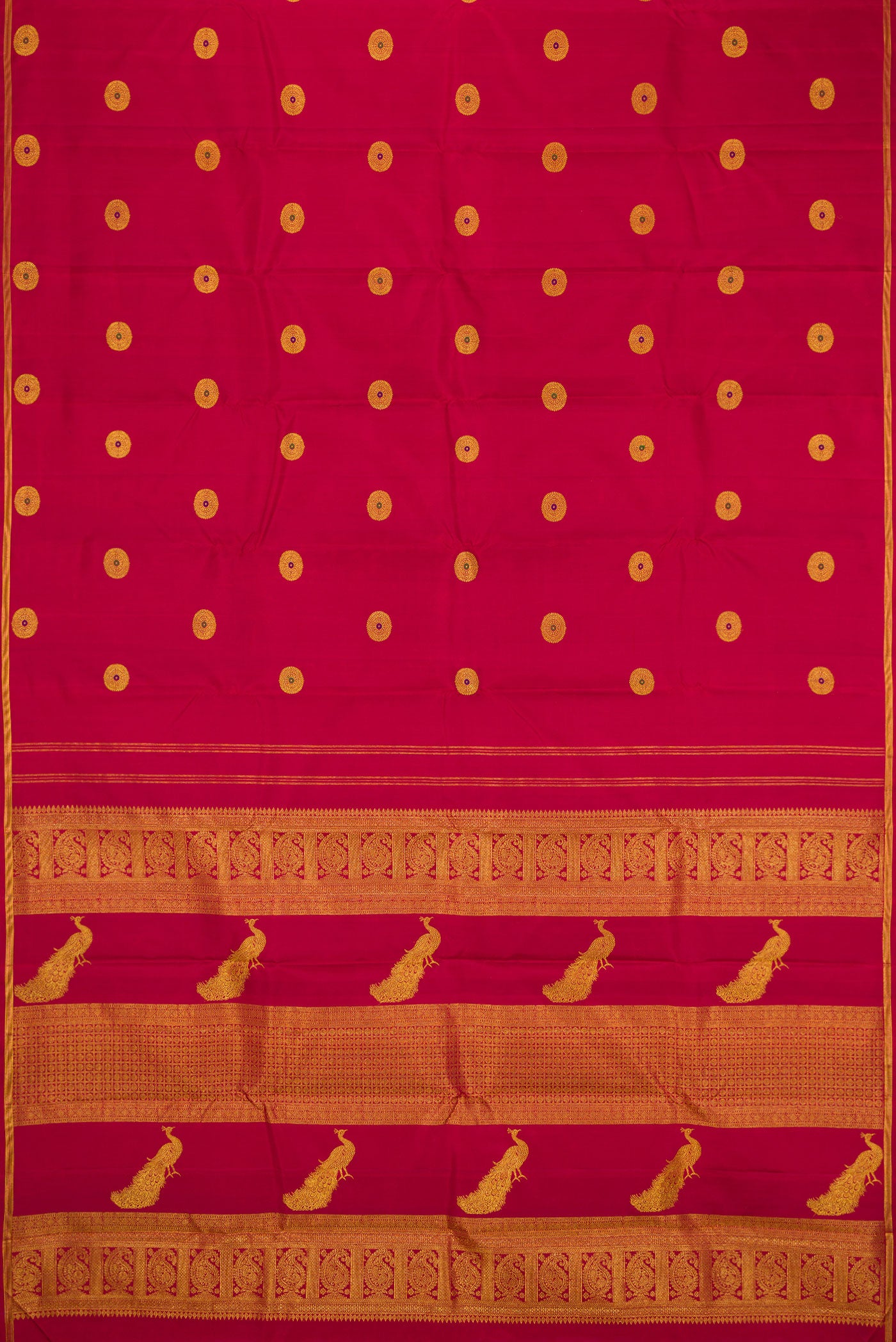 Flat view of Maroon Kanchipuram Silk Saree with Zari And Thread Butta on the body and Thin Zari Line. 