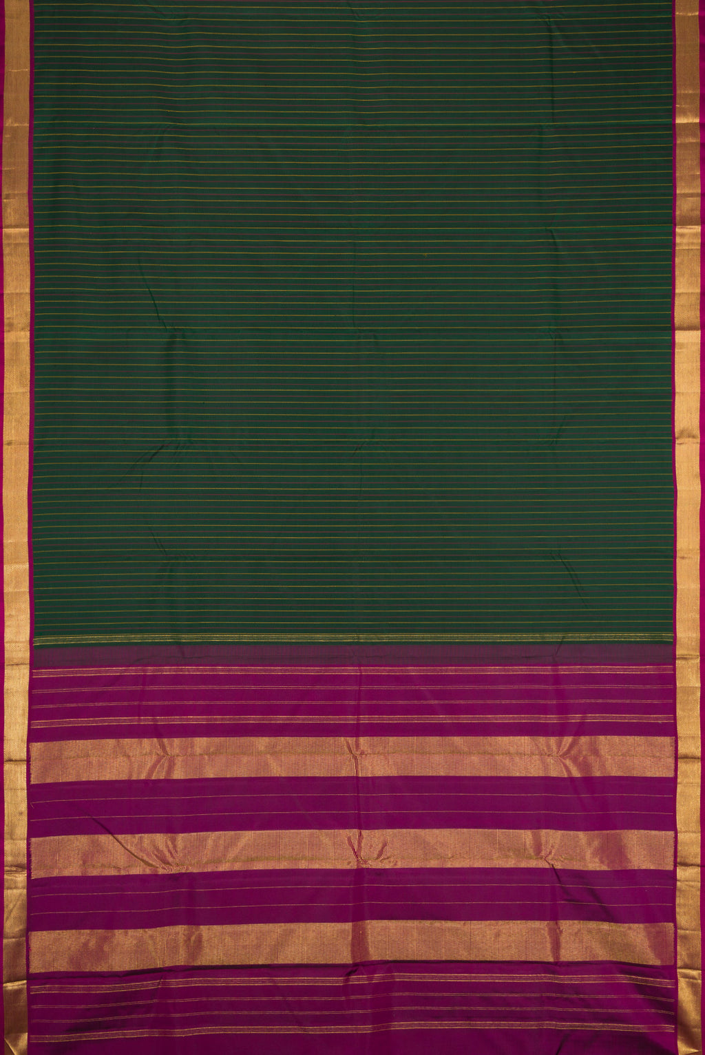 Flat view of Bottle Green Dual Tone Kanchipuram Silk Saree with Stripes on the body and Zari Border. 