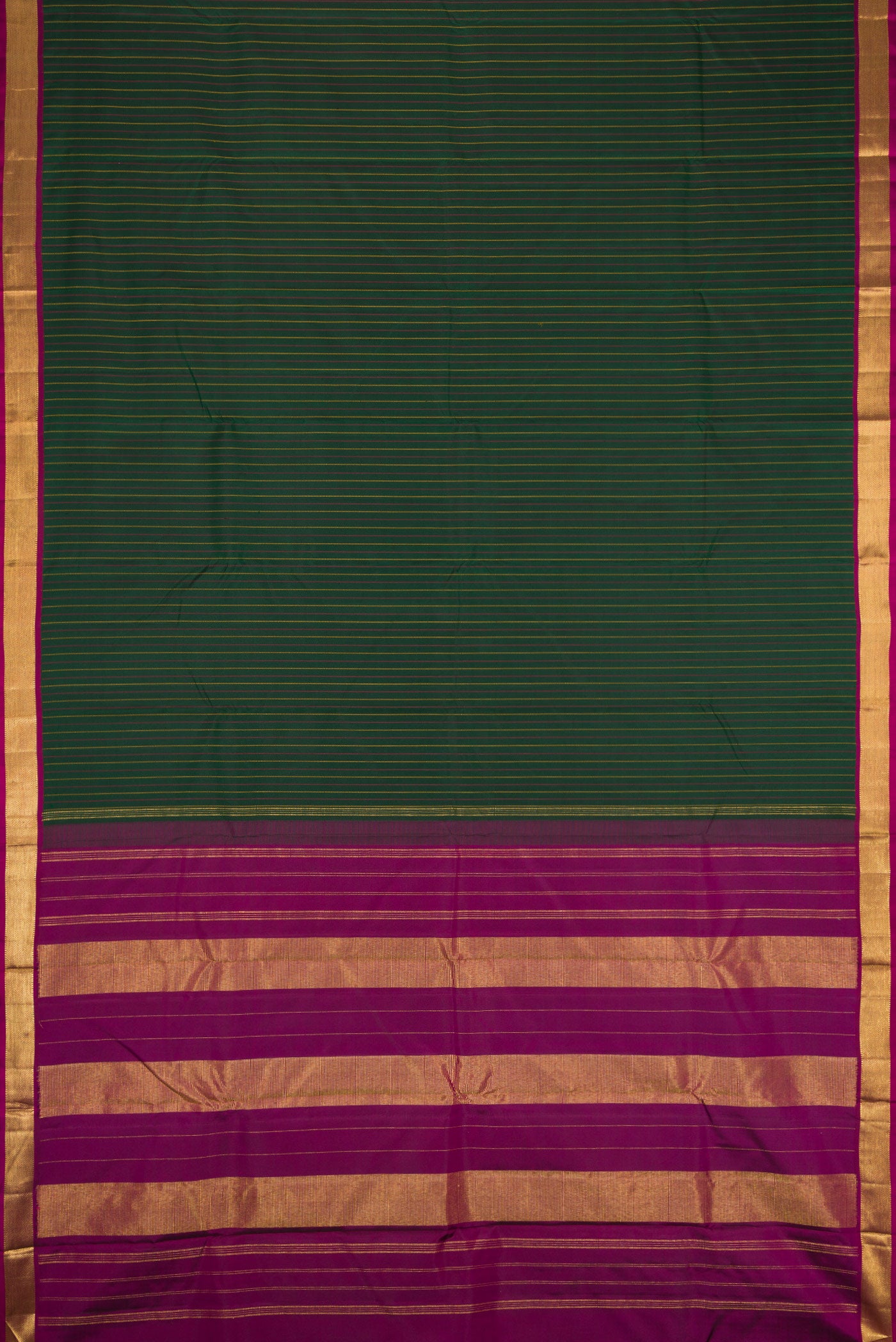 Flat view of Bottle Green Dual Tone Kanchipuram Silk Saree with Stripes on the body and Zari Border. 