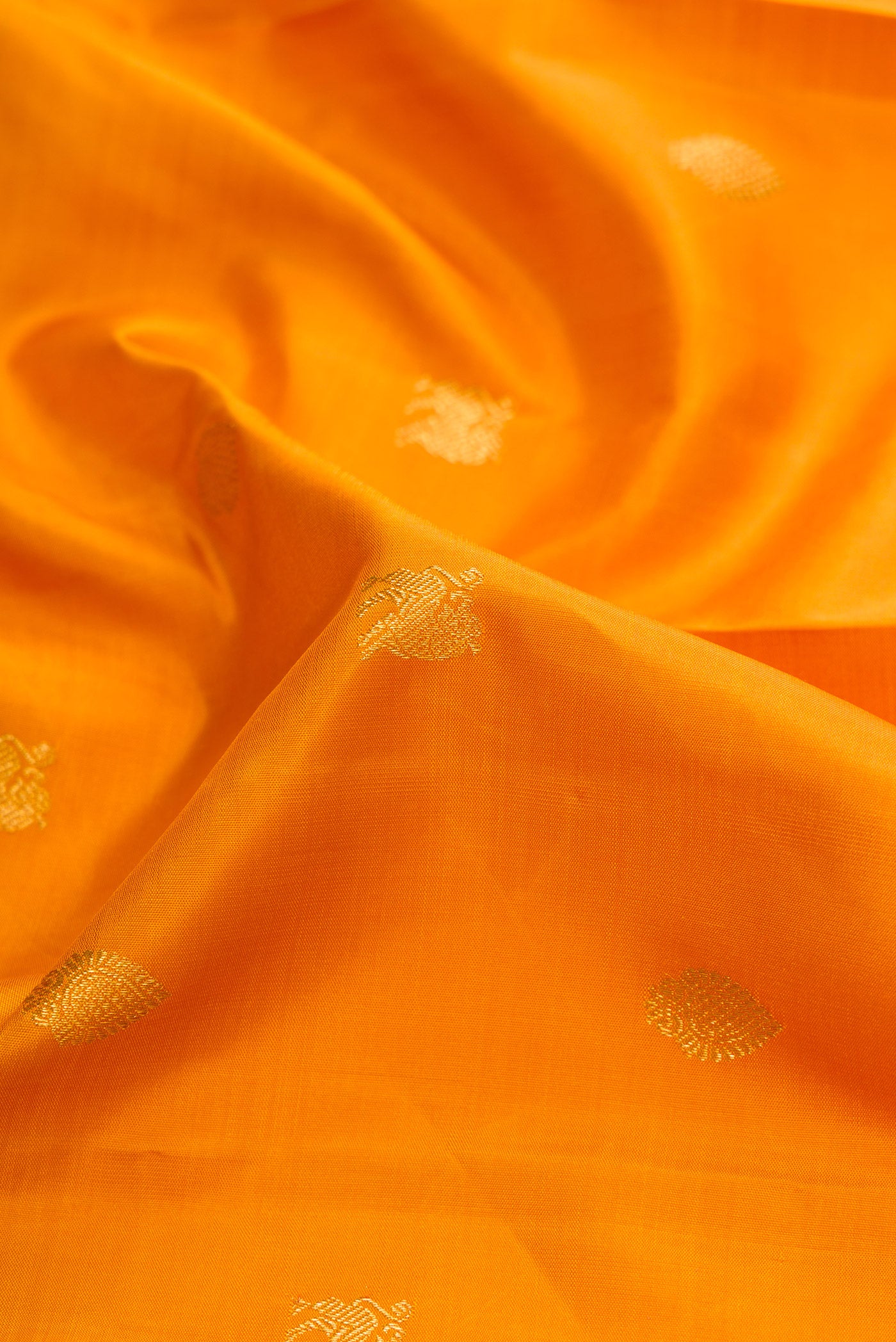 Close up of Mustard Dual Tone Kanjivaram Silk Saree with Zari Butta on the body and Zari Border.  displaying folds