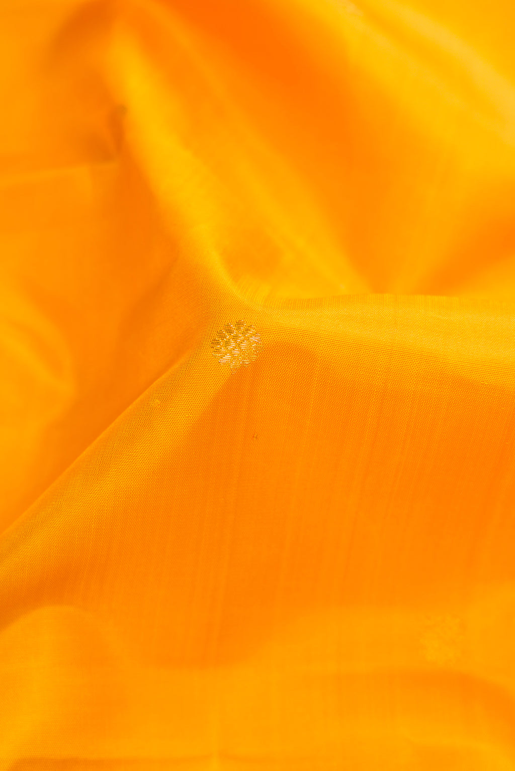Close up of Yellow Dual Tone Kanchipuram Silk Saree with Zari Butta on the body and Zari Border.  displaying folds