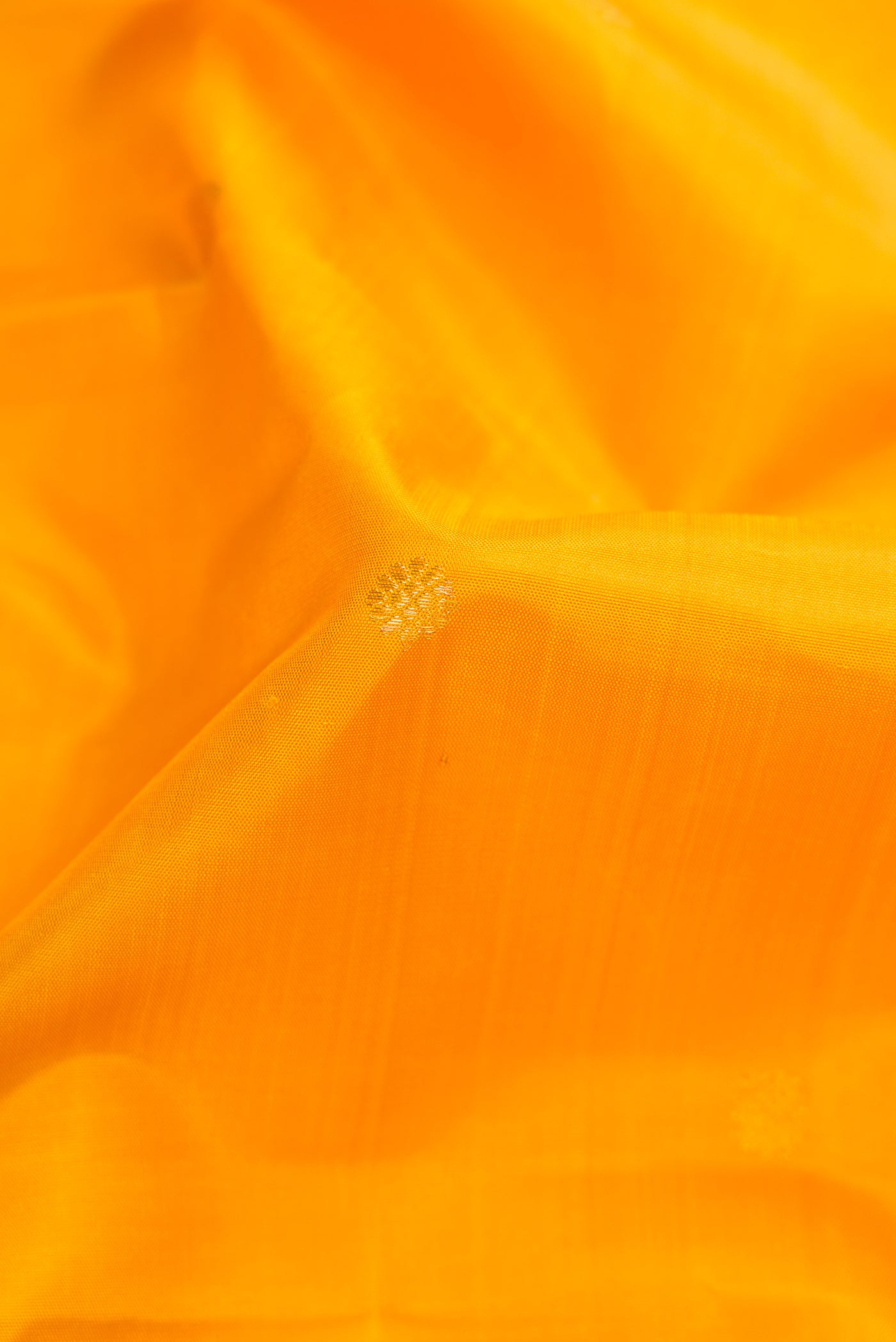 Close up of Yellow Dual Tone Kanchipuram Silk Saree with Zari Butta on the body and Zari Border.  displaying folds
