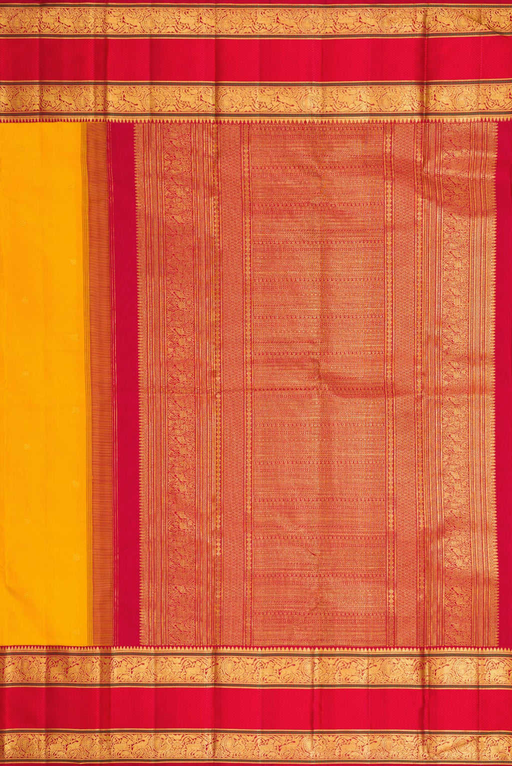 Close up image of the pallu of Yellow Dual Tone Kanchipuram Silk Saree with Zari Butta on the body and Zari Border. 