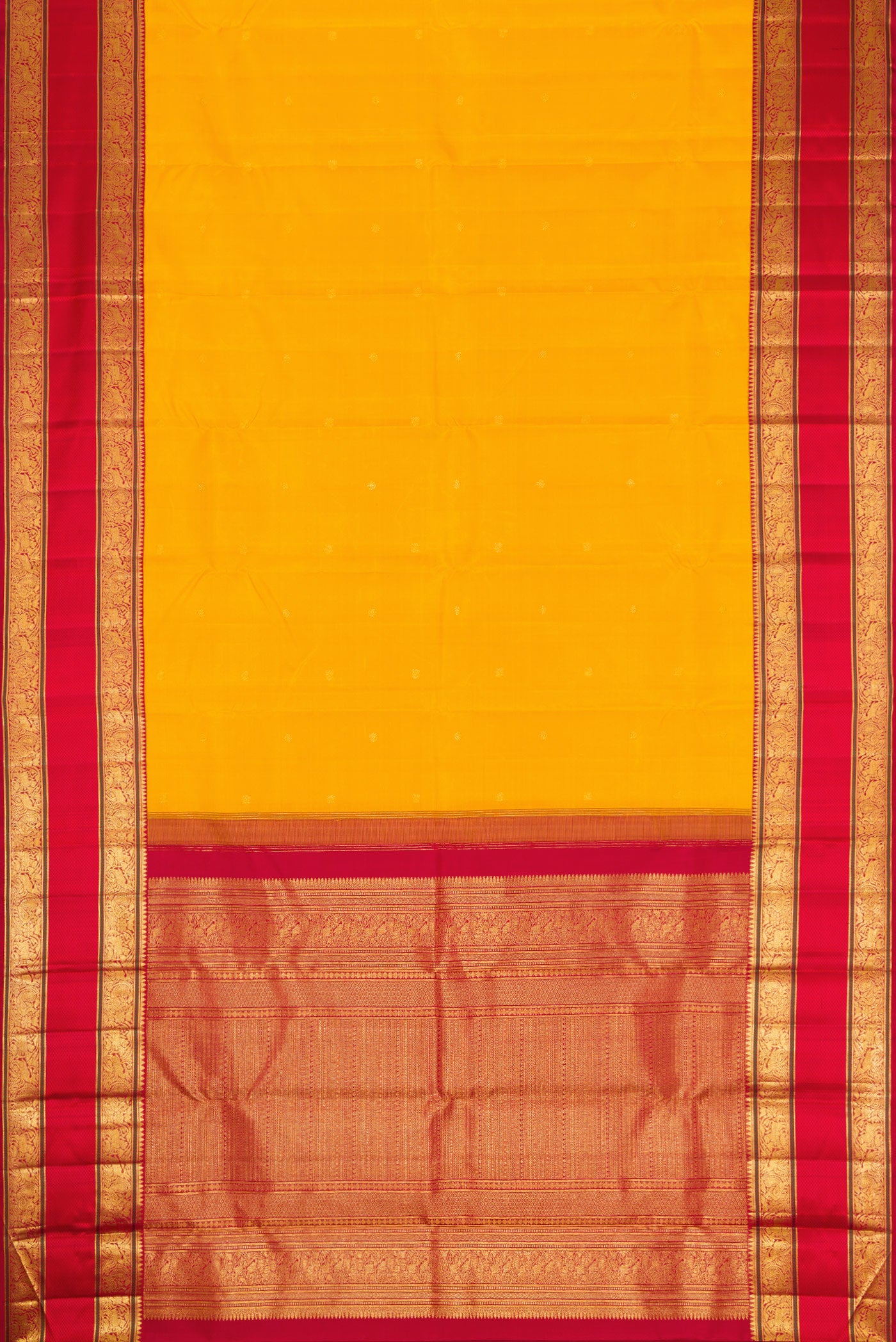 Flat view of Yellow Dual Tone Kanchipuram Silk Saree with Zari Butta on the body and Zari Border. 