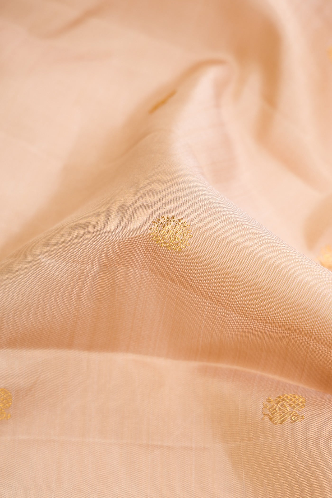 Close up of Beige Dual Tone Kanchipuram Silk Saree with Zari Butta on the body and Zari Border.  displaying folds