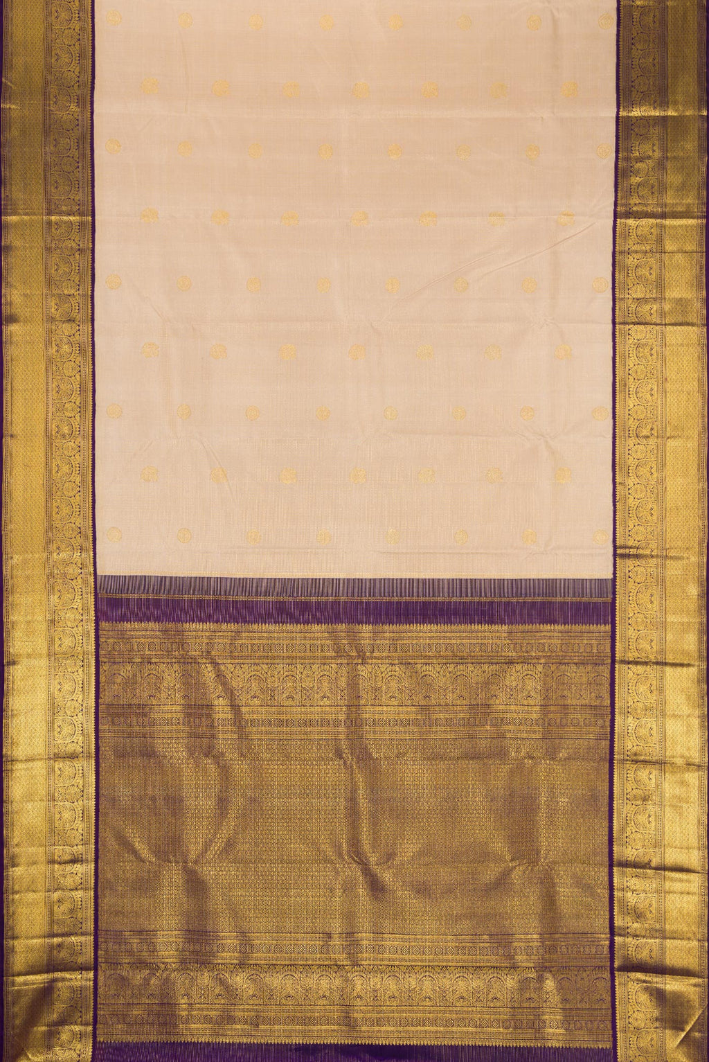 Flat view of Dark Beige Dual Tone Kanchipuram Silk Saree with Zari Butta on the body and Zari Border. 