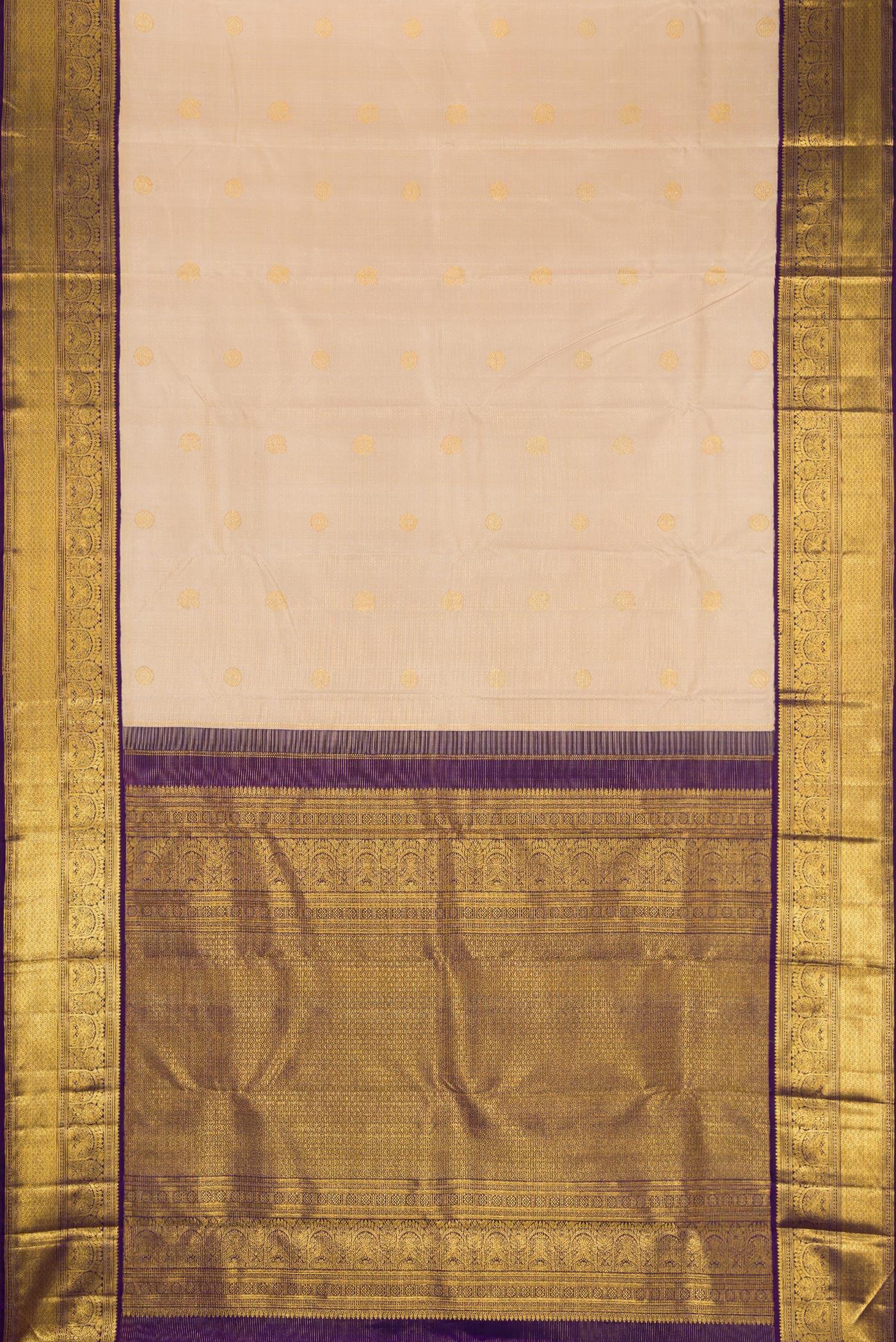 Flat view of Dark Beige Dual Tone Kanchipuram Silk Saree with Zari Butta on the body and Zari Border. 