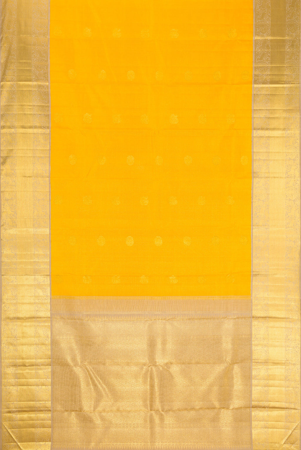 Flat view of Yellow Dual Tone Kanchipuram Silk Saree with Zari Butta on the body and Zari Border. 