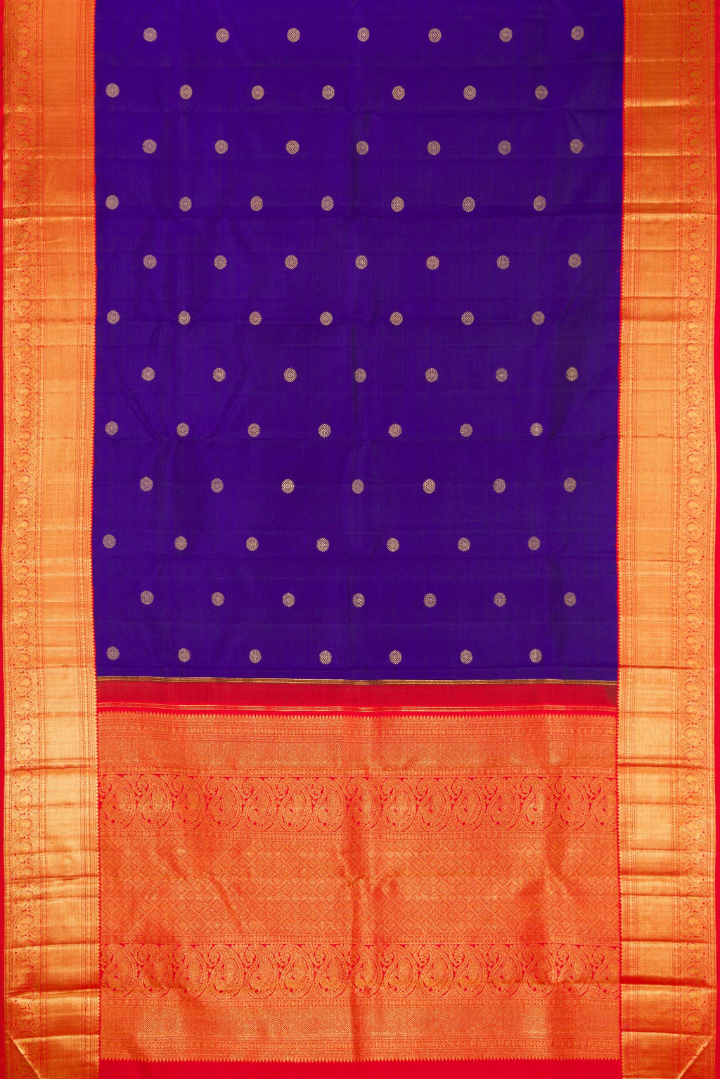 Flat view of Royal Blue Dual Tone Kanchipuram Silk Saree with Zari Butta on the body and Zari Border. 