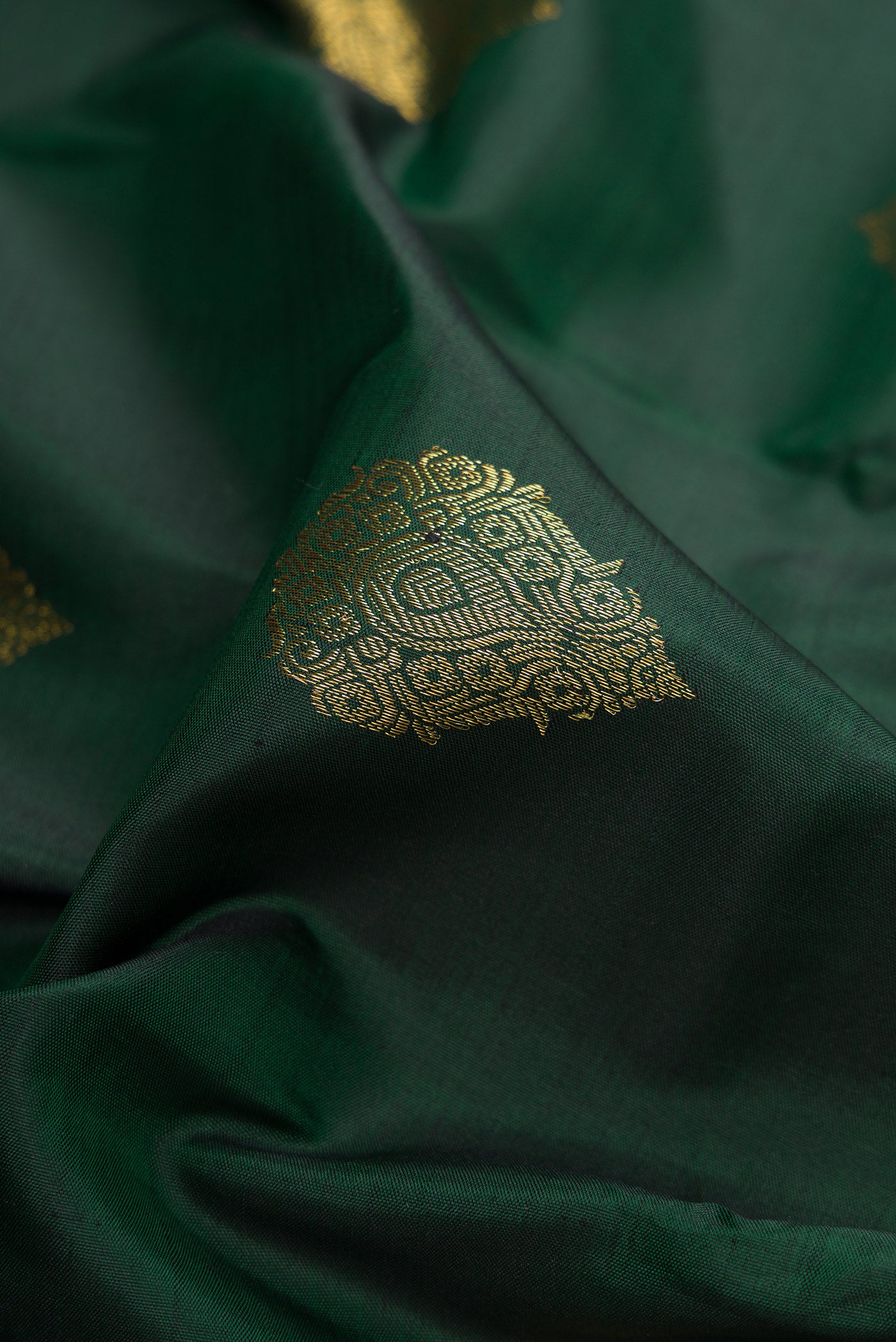 Close up of Green Dual Tone Kanchipuram Silk Saree with Zari Butta on the body and Zari Border.  displaying folds