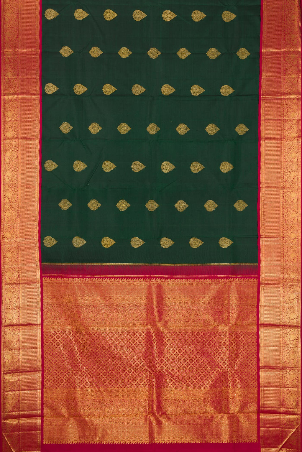 Flat view of Green Dual Tone Kanchipuram Silk Saree with Zari Butta on the body and Zari Border. 