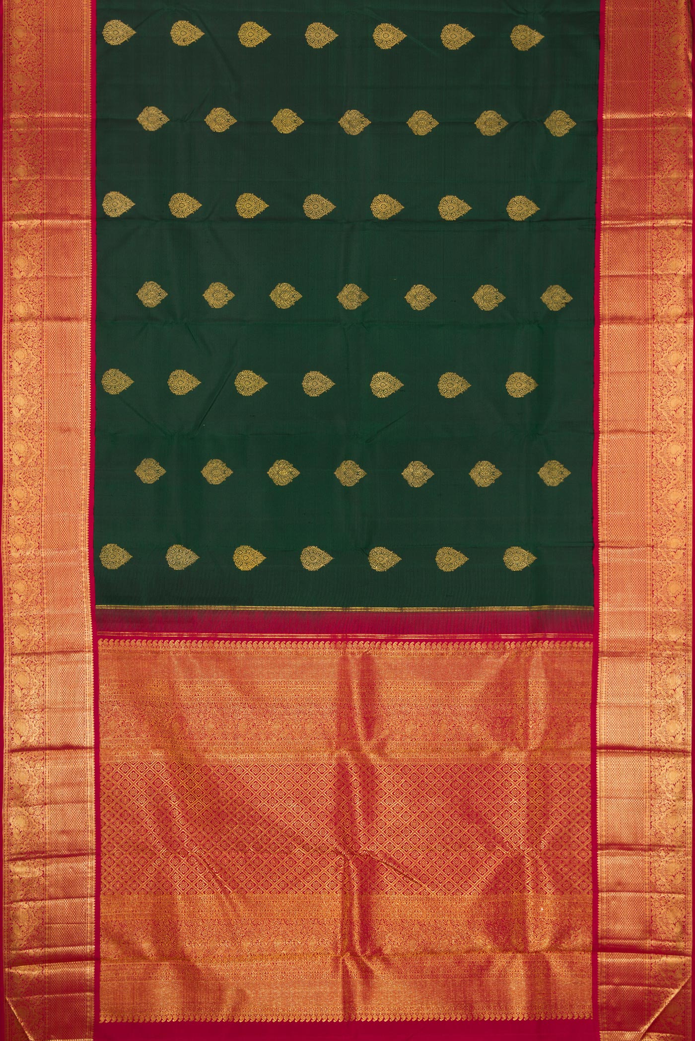 Flat view of Green Dual Tone Kanchipuram Silk Saree with Zari Butta on the body and Zari Border. 